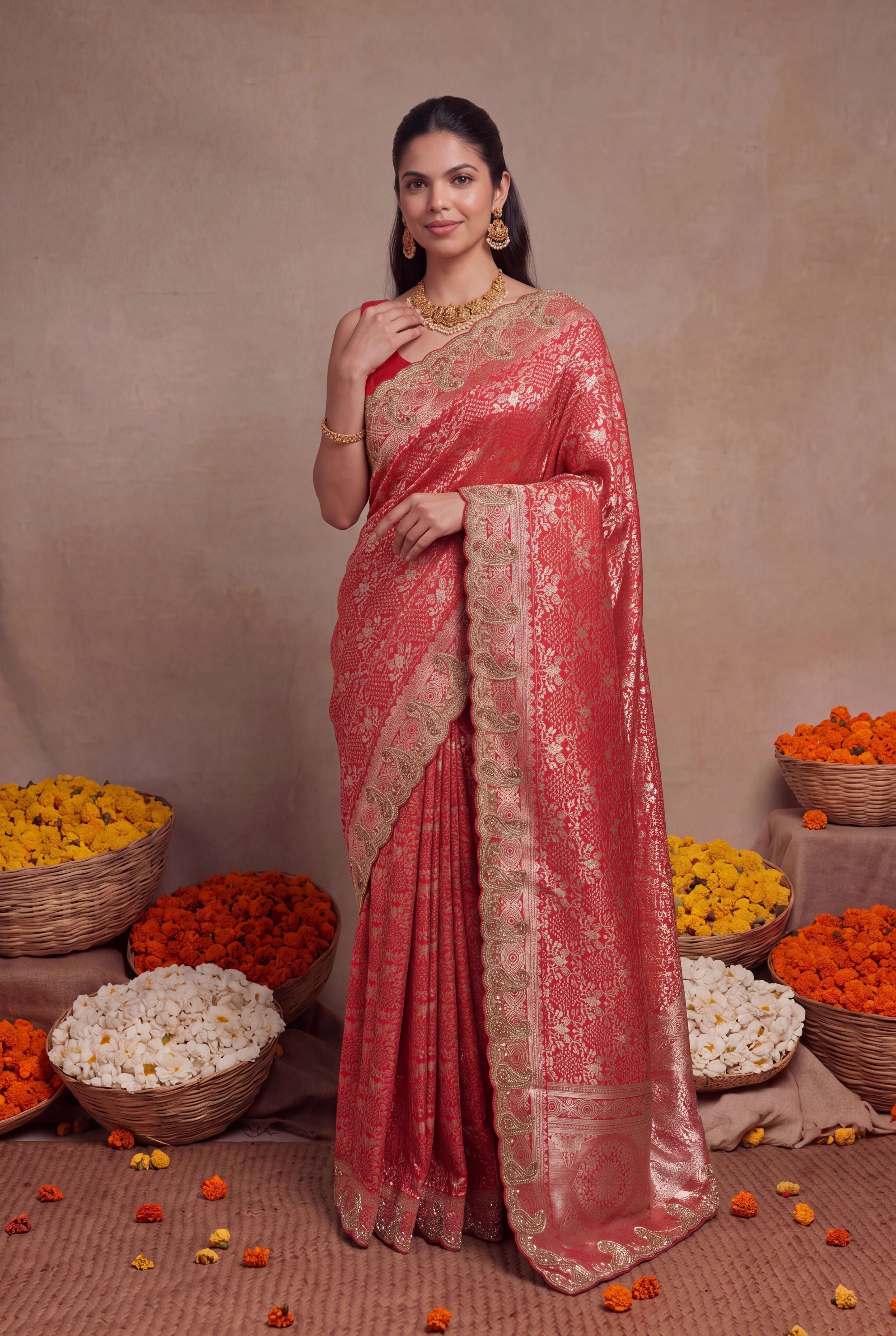 Red Banarasi Zari Scallop Border Saree