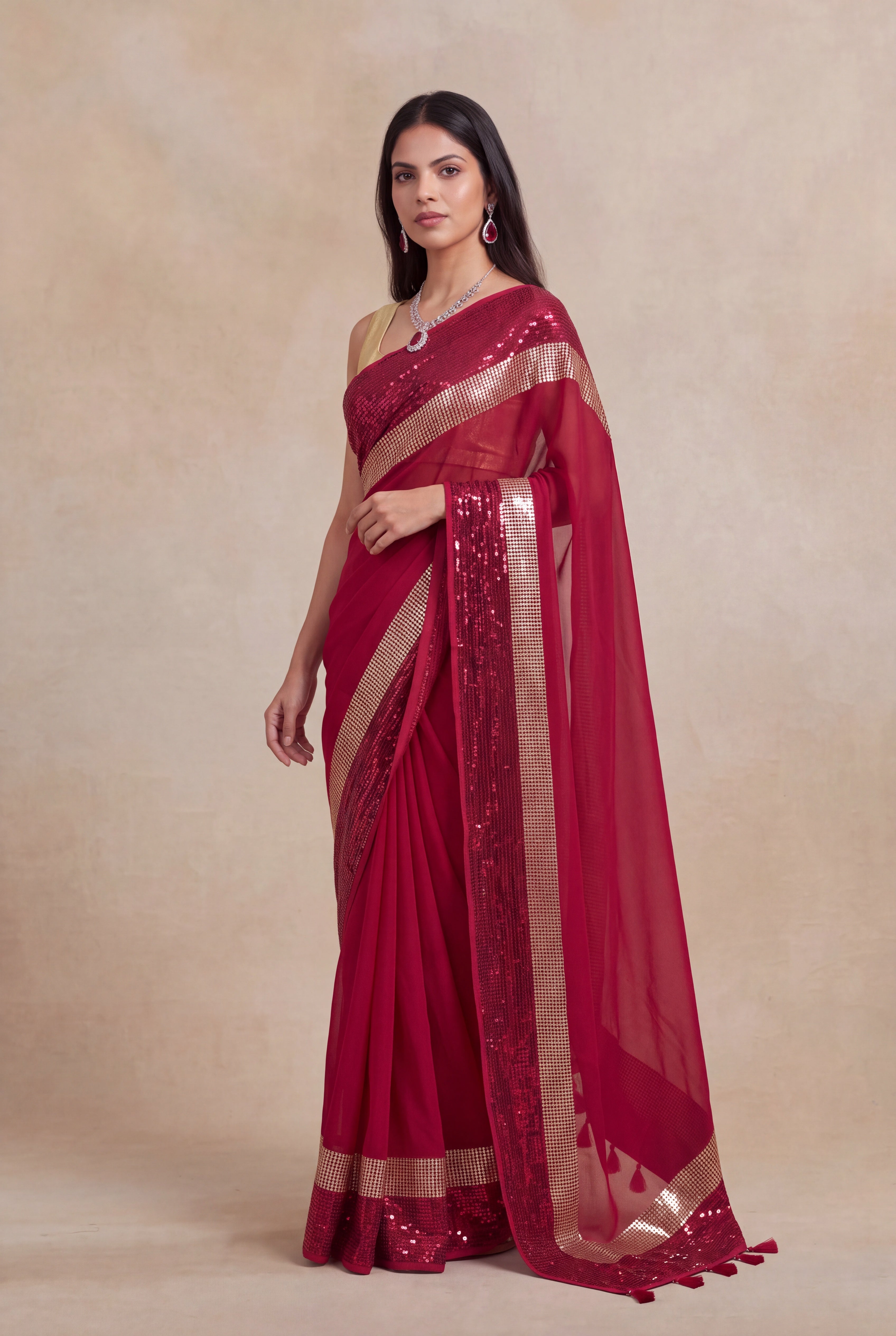 Red Georgette Saree with Sequins Border