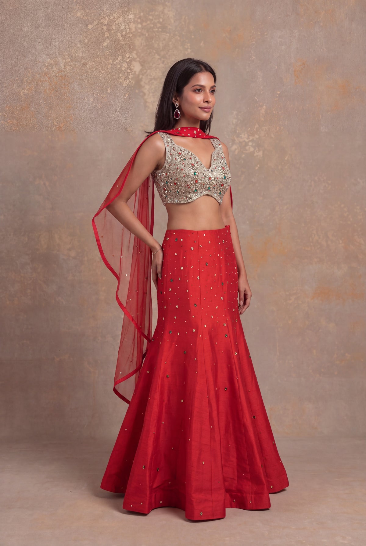 Red Raw Silk Indo-Western Crop Top & Skirt Set