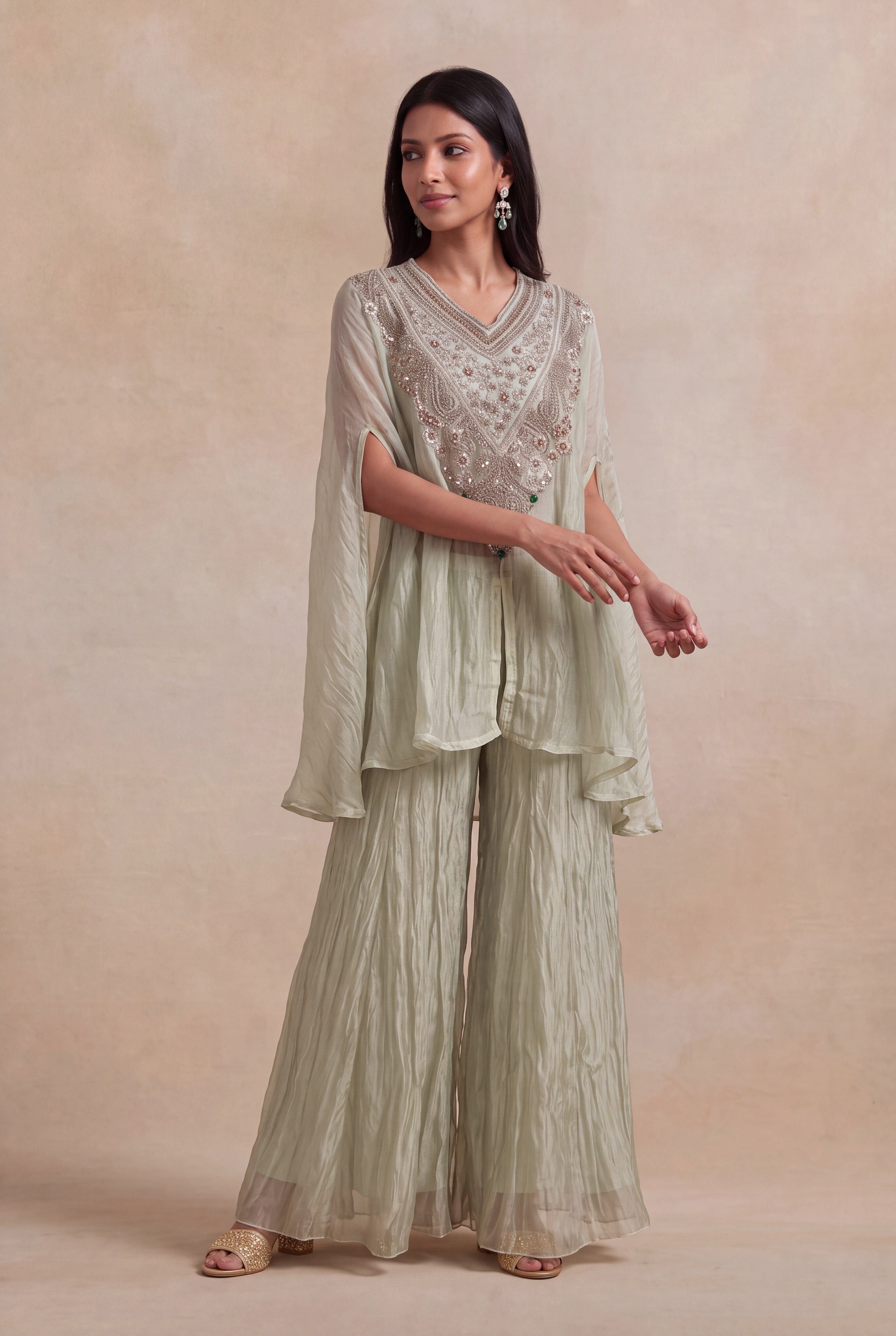 Sage Green Crush Tissue Zardozi Cape Set