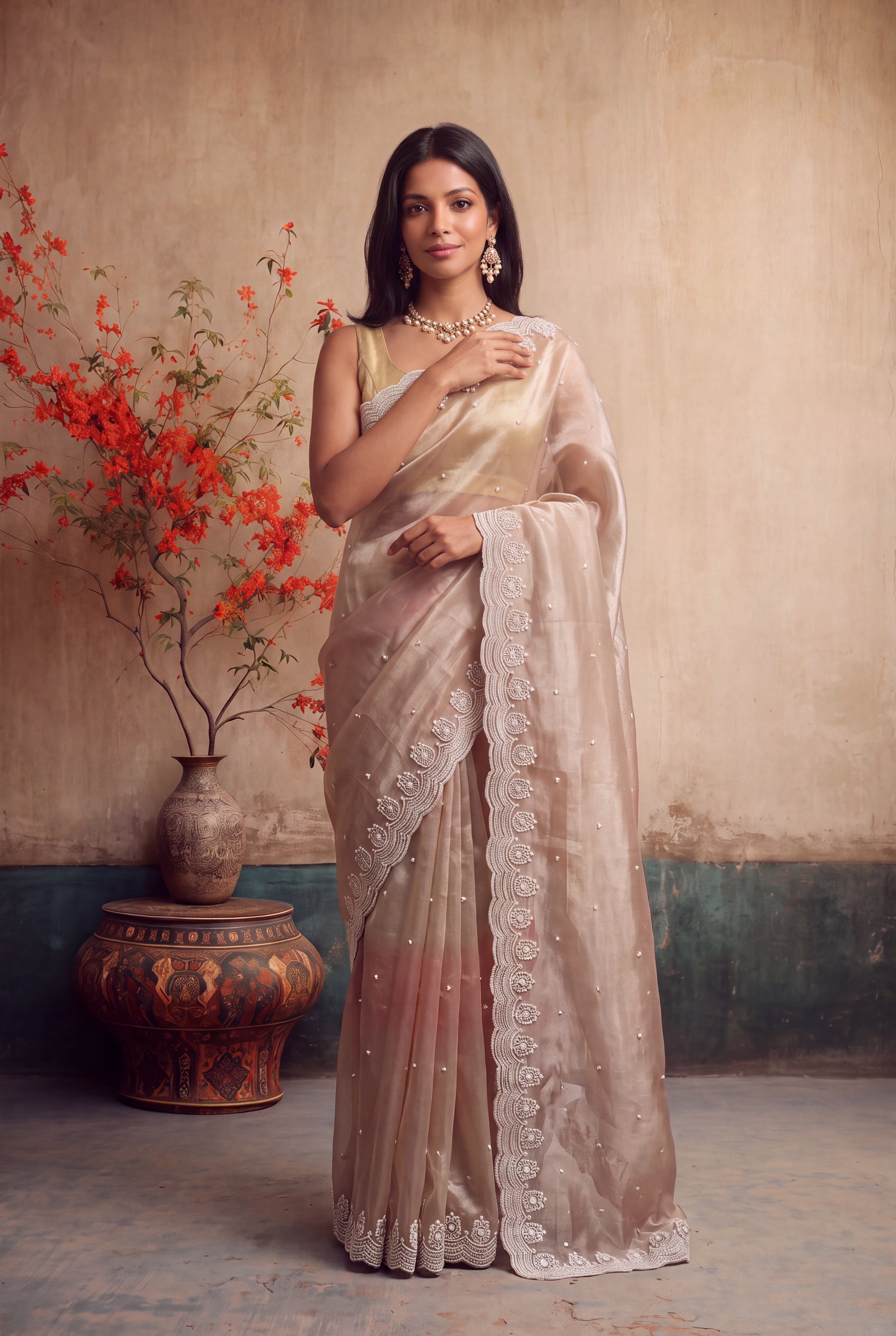 Shaded Glass Tissue Saree with Pearl Scallop Border
