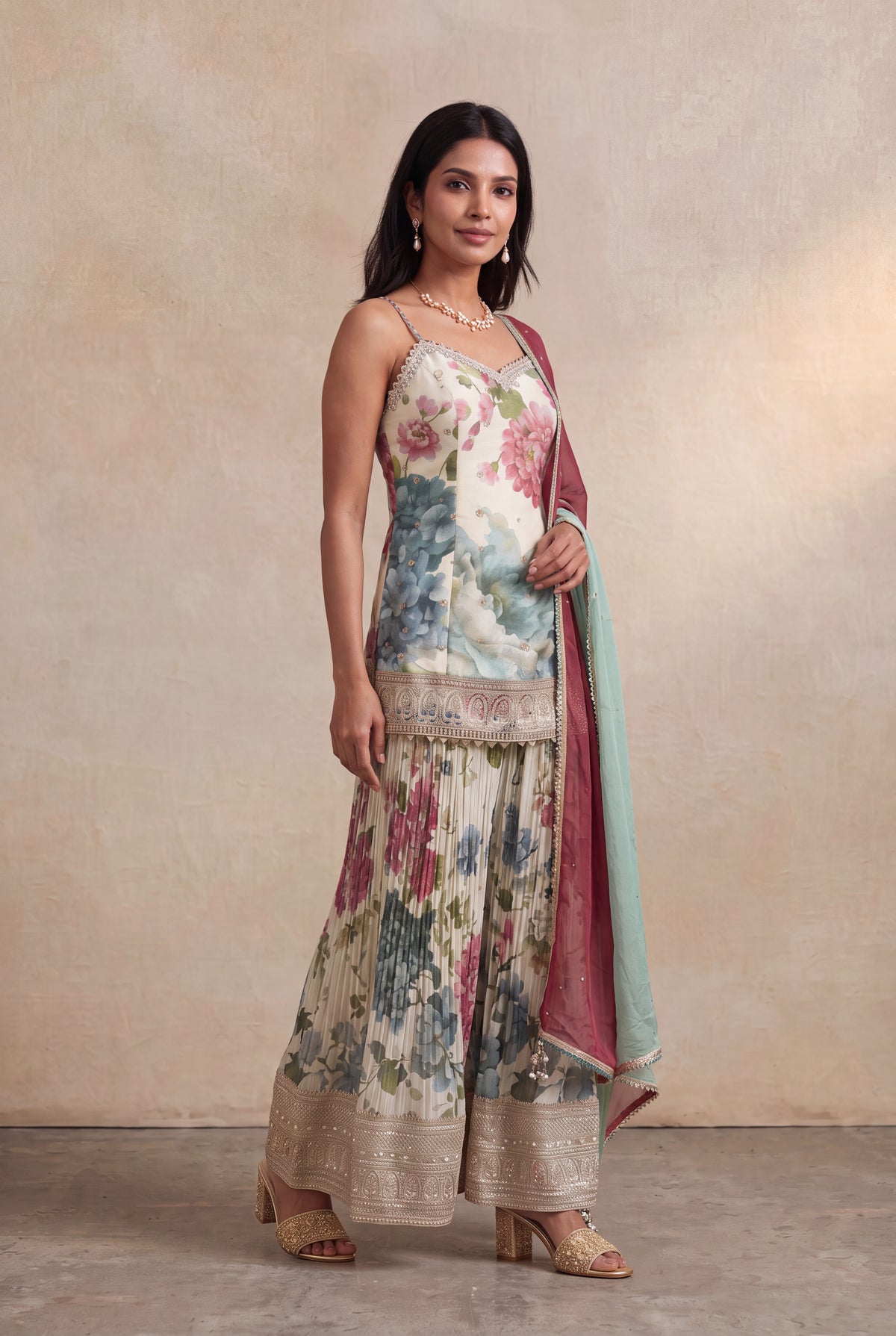 Ivory Floral Printed Tissue Sharara Set with Zari Border