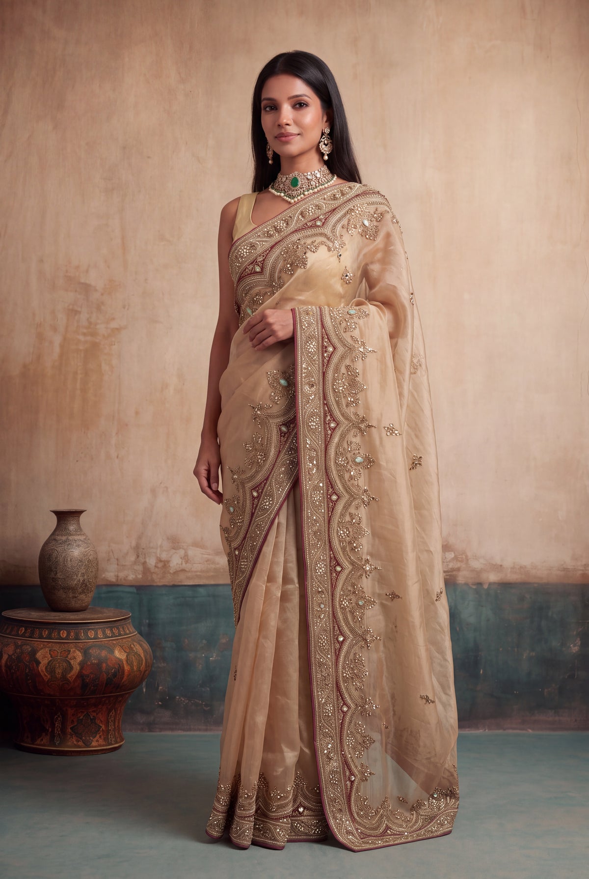 Gold Tissue Organza Zardosi Saree
