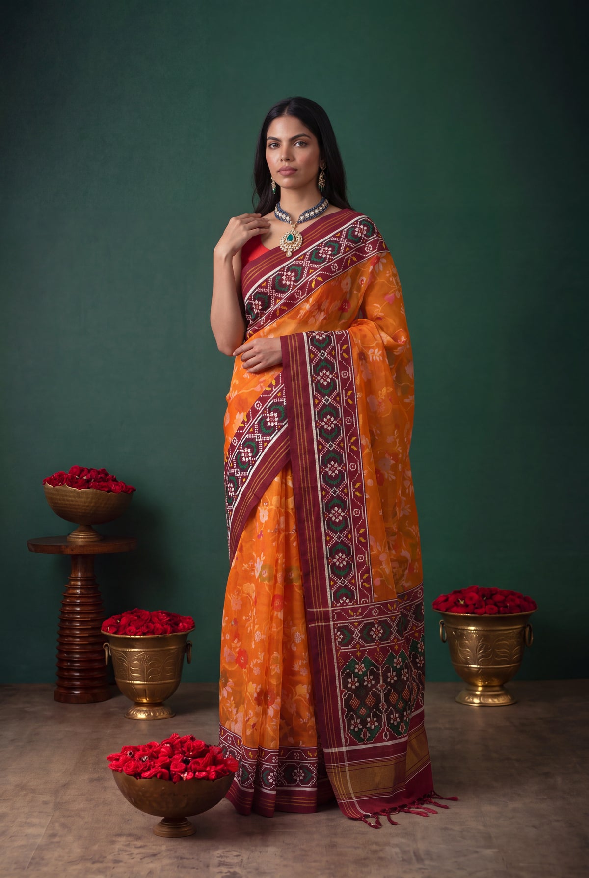 Orange Kora Silk Jamdani Saree