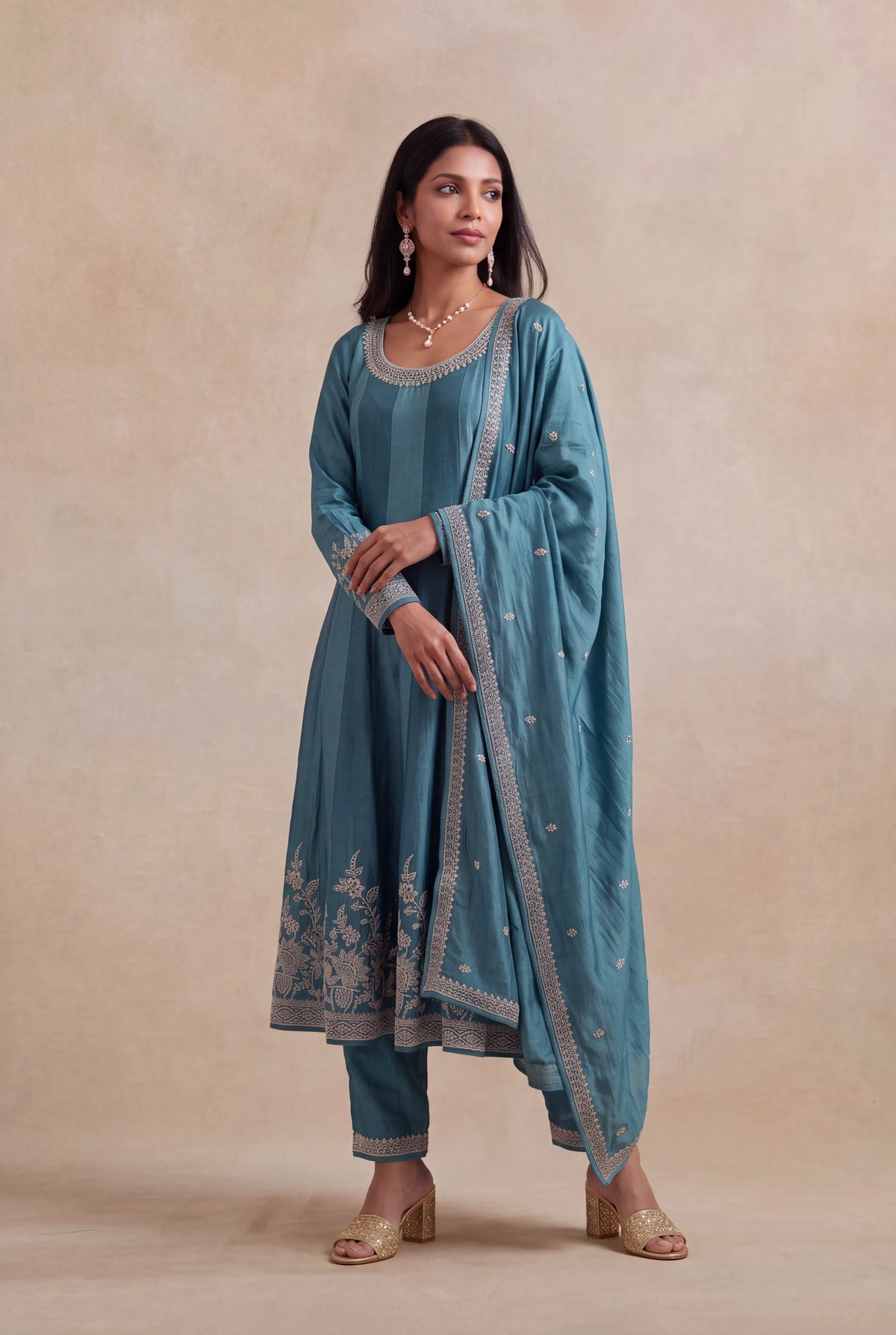 Teal Blue Raw Silk Anarkali Set