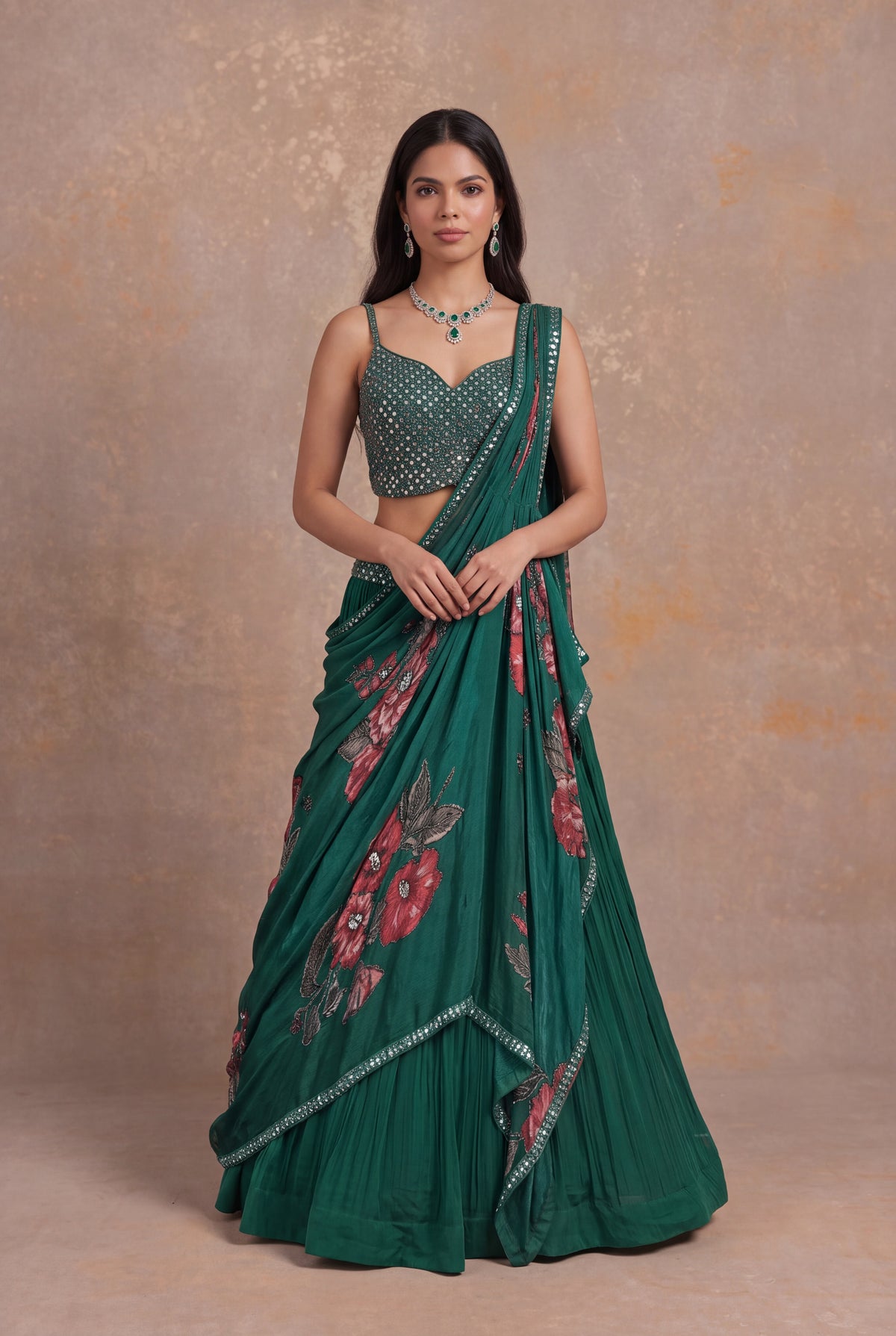 Bottle Green Georgette Draped Lehenga