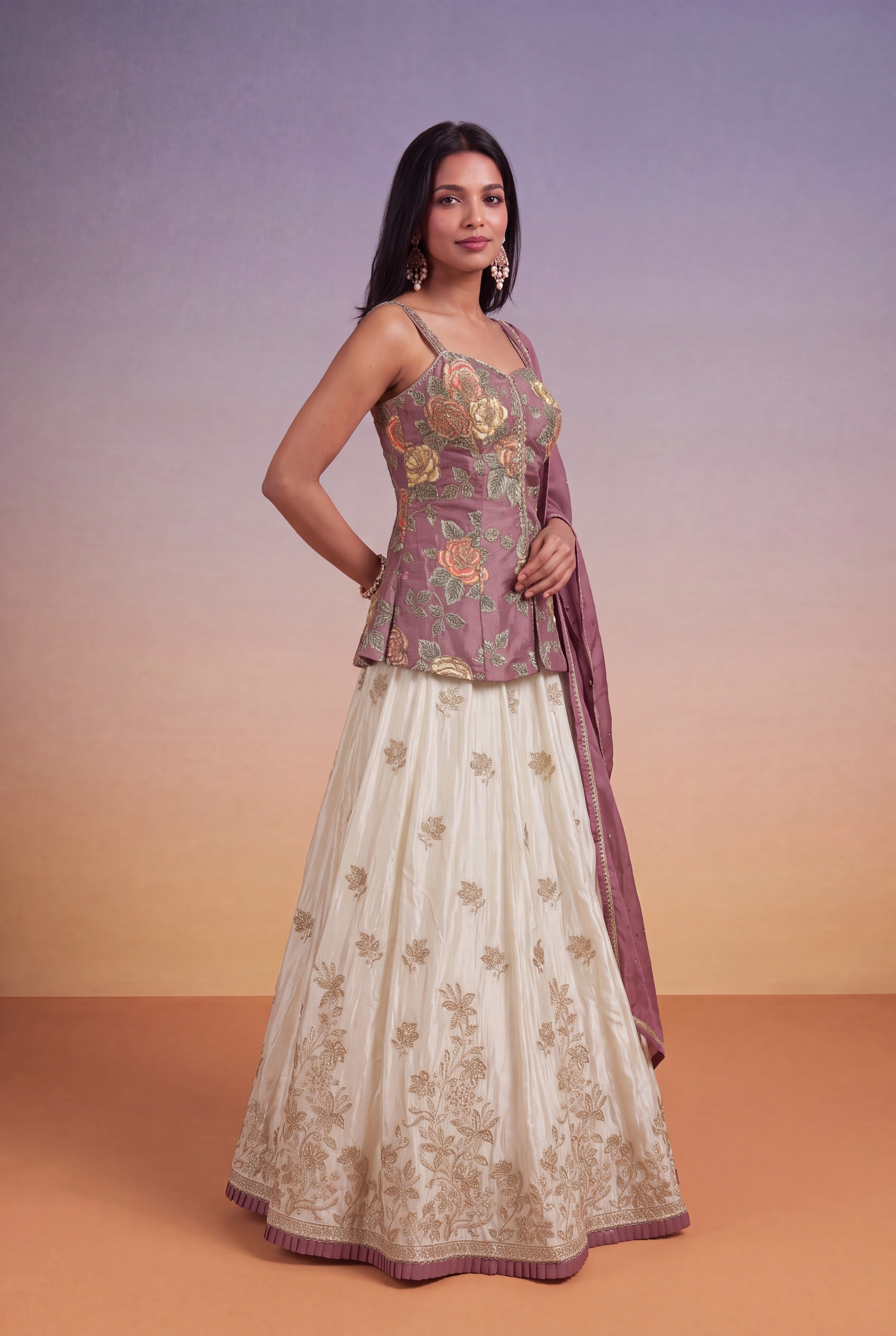 Mauve Floral Corset Peplum with Ivory Tissue Lehenga Skirt