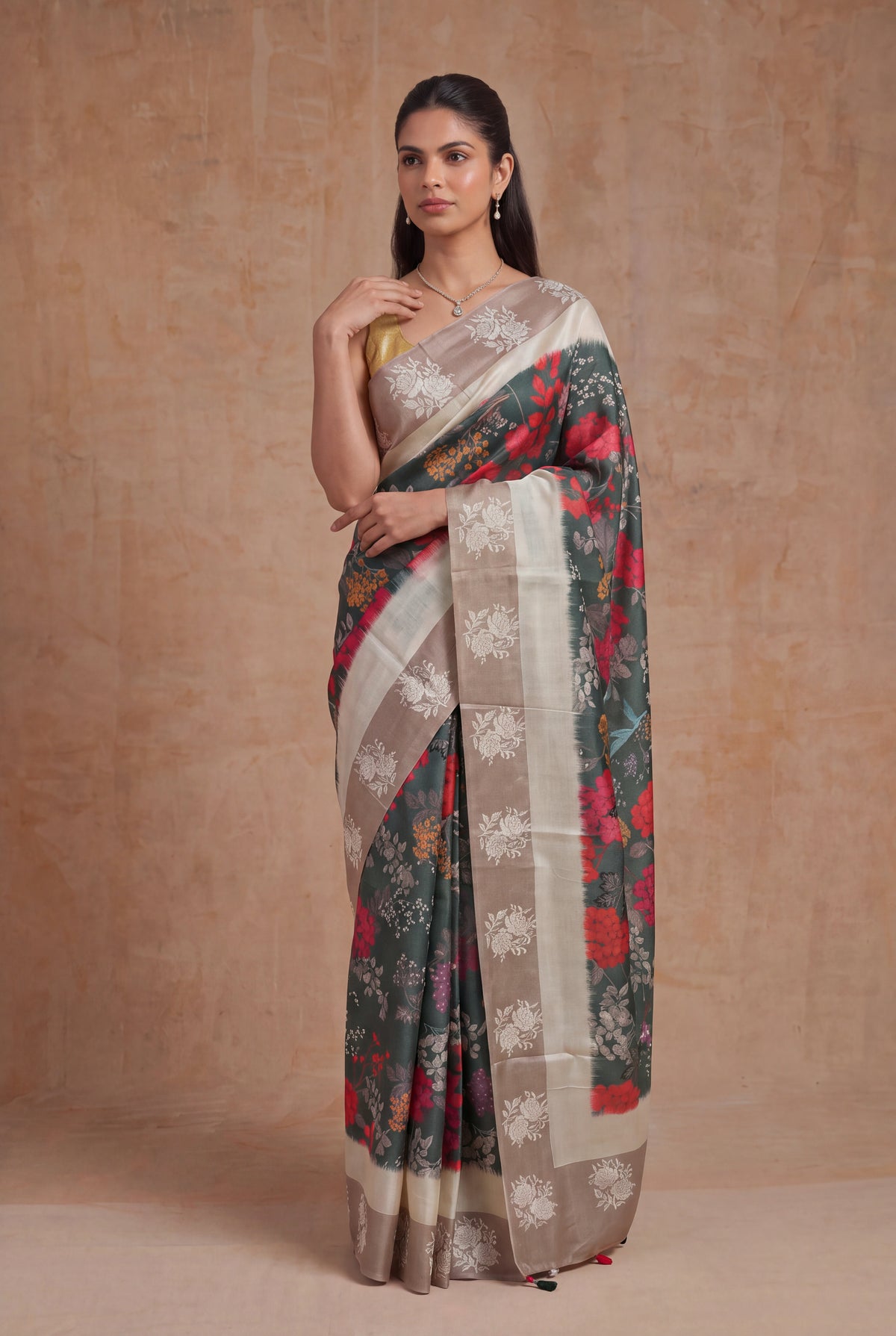 Dark Green Tussar Silk Saree