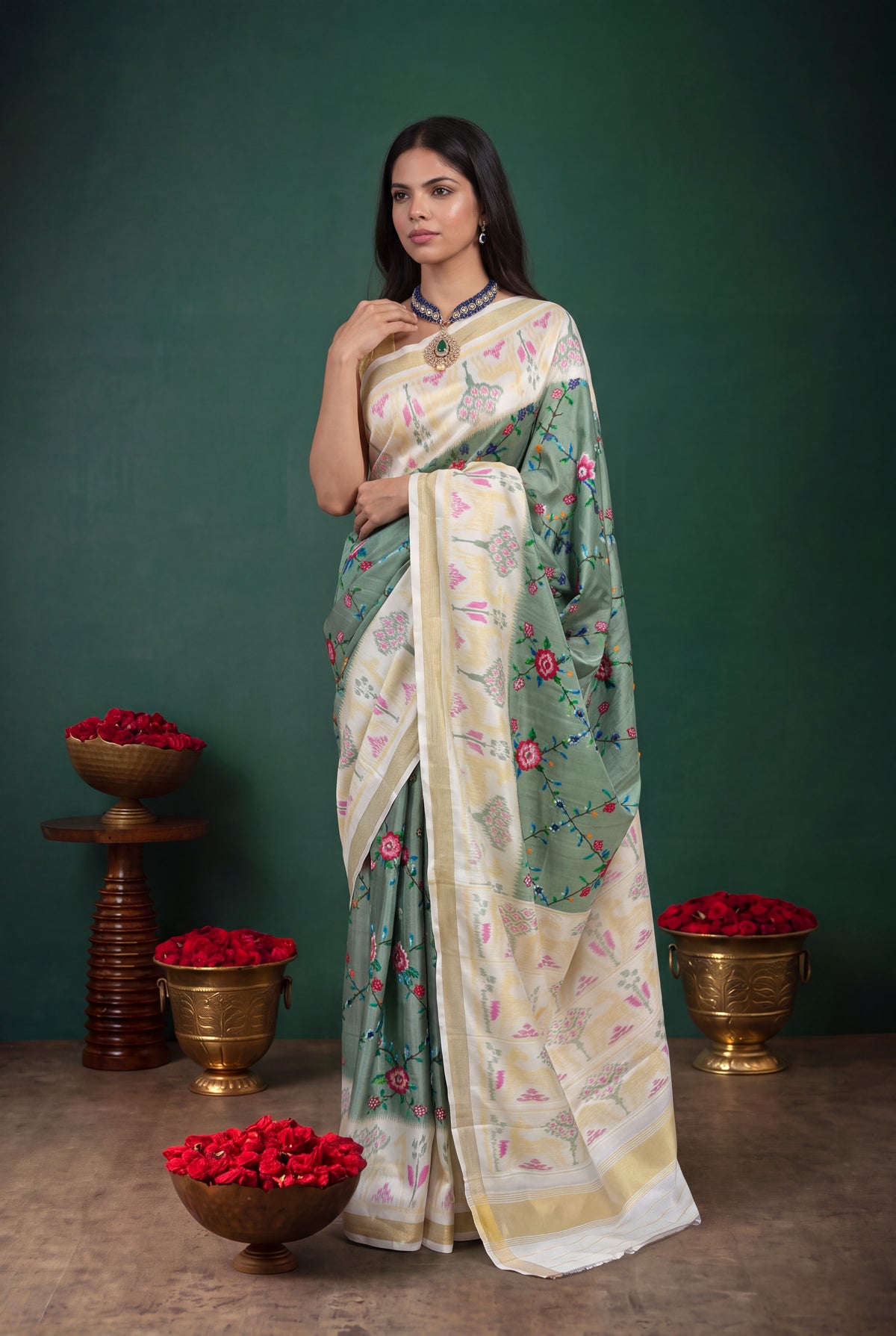 Sage Green Twill Silk Patola Saree
