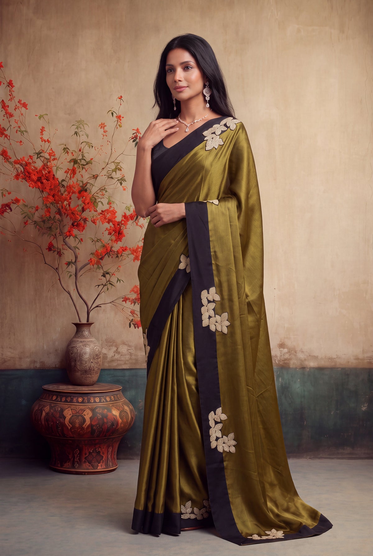 Olive Green Crepe Silk Saree