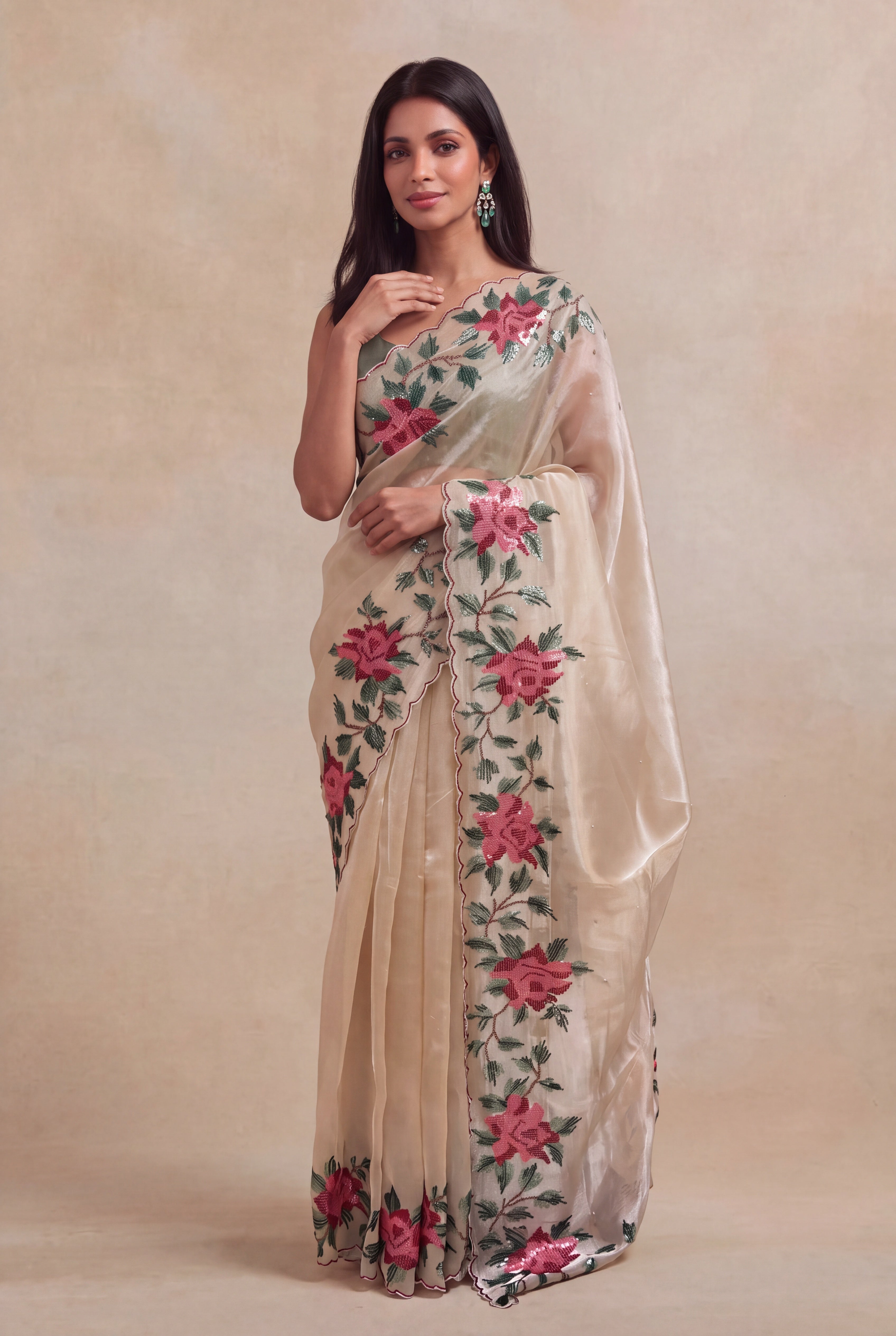 Beige Organza Tissue Saree
