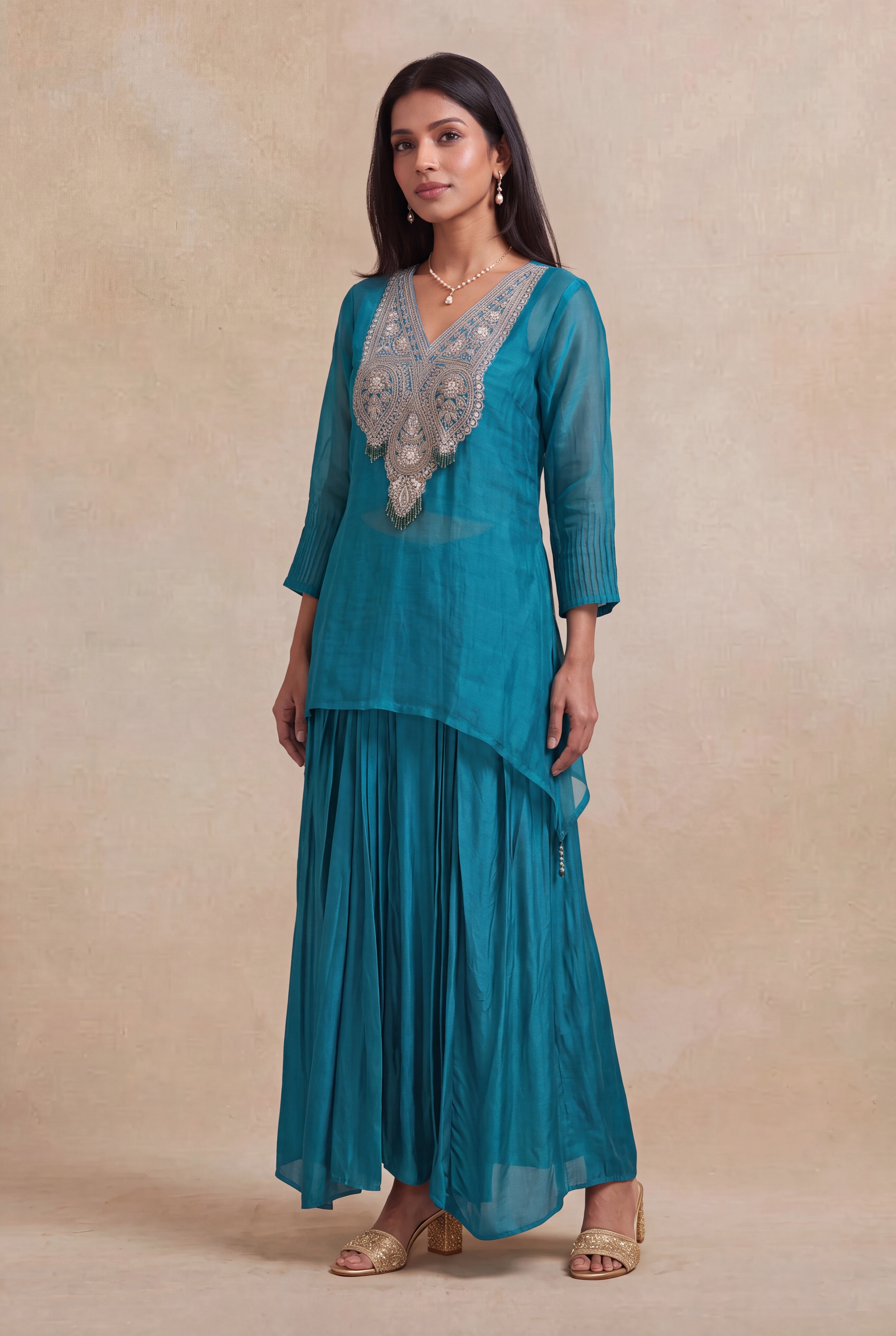 Teal Blue Organza Indo-Western Co-Ord Set