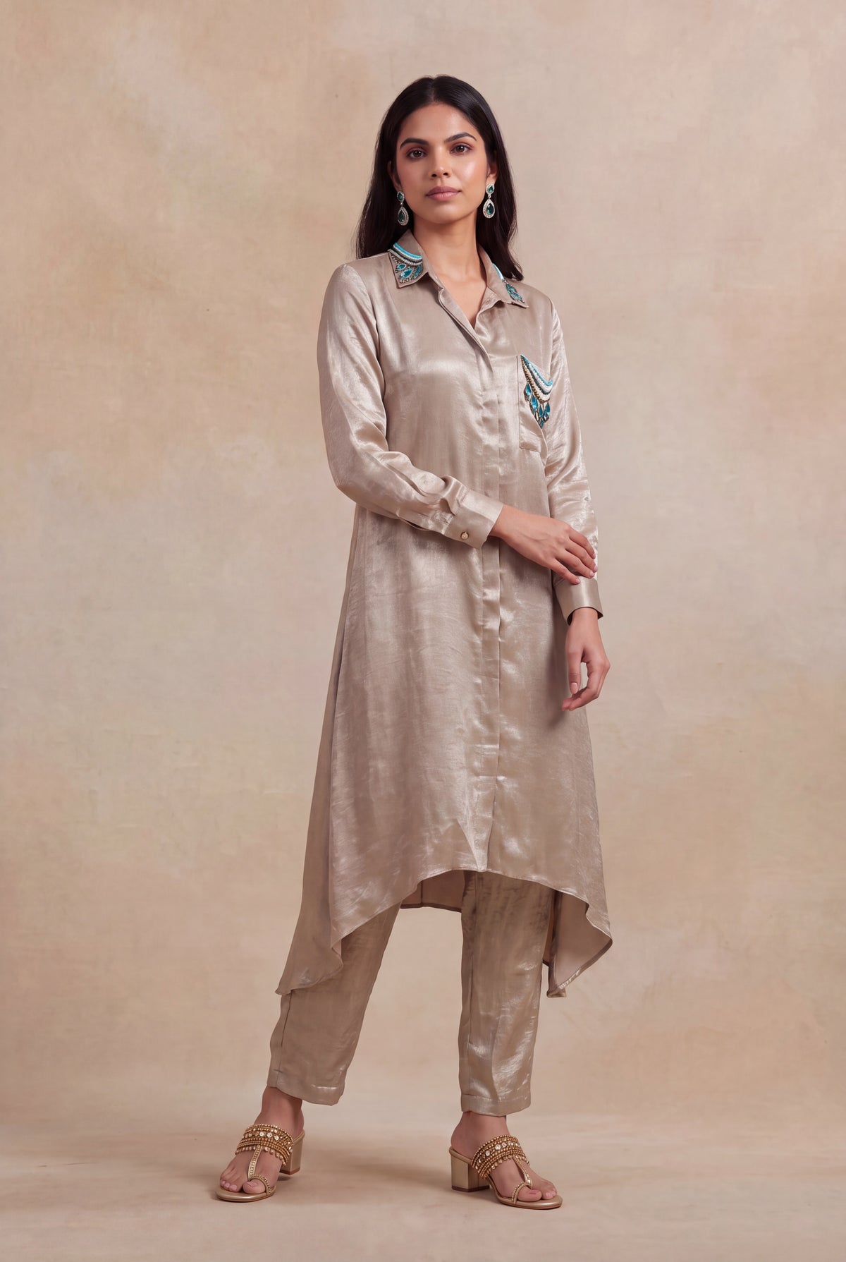 Champagne Shimmer High-Low Shirt Set