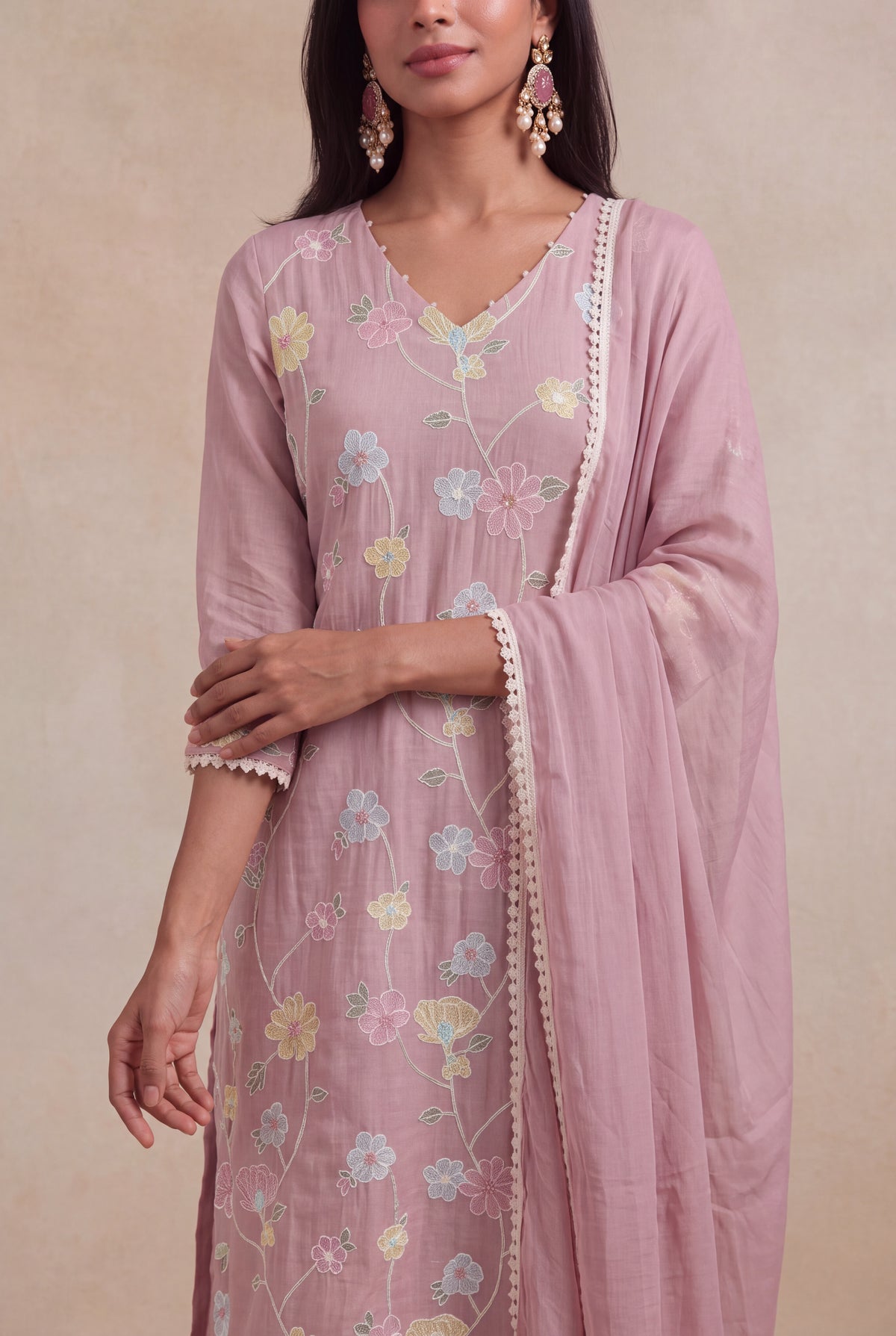 Dusty Rose Mul Cotton Embroidered Kurti Set