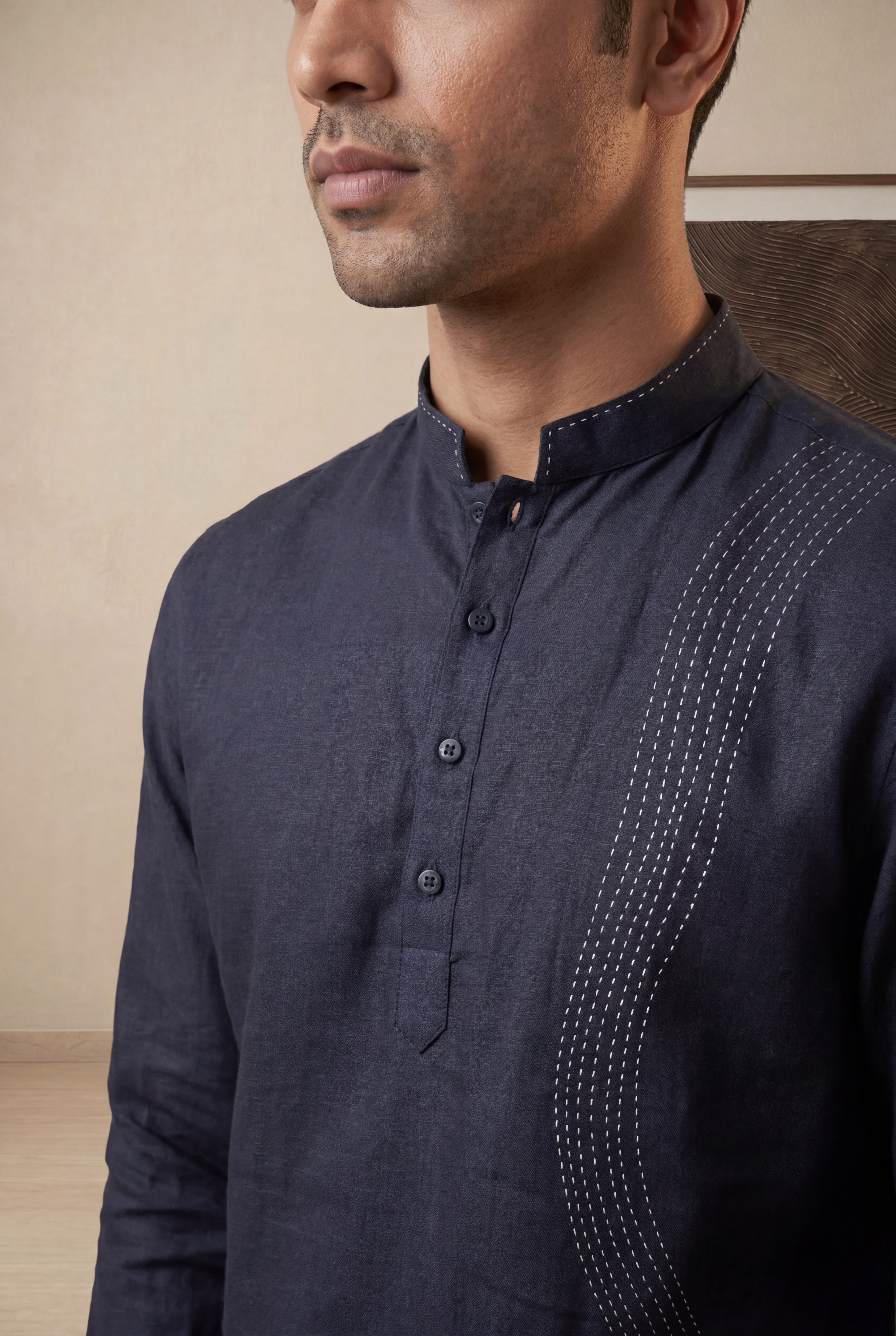 Navy Blue Linen Chinese Collar Short Kurta