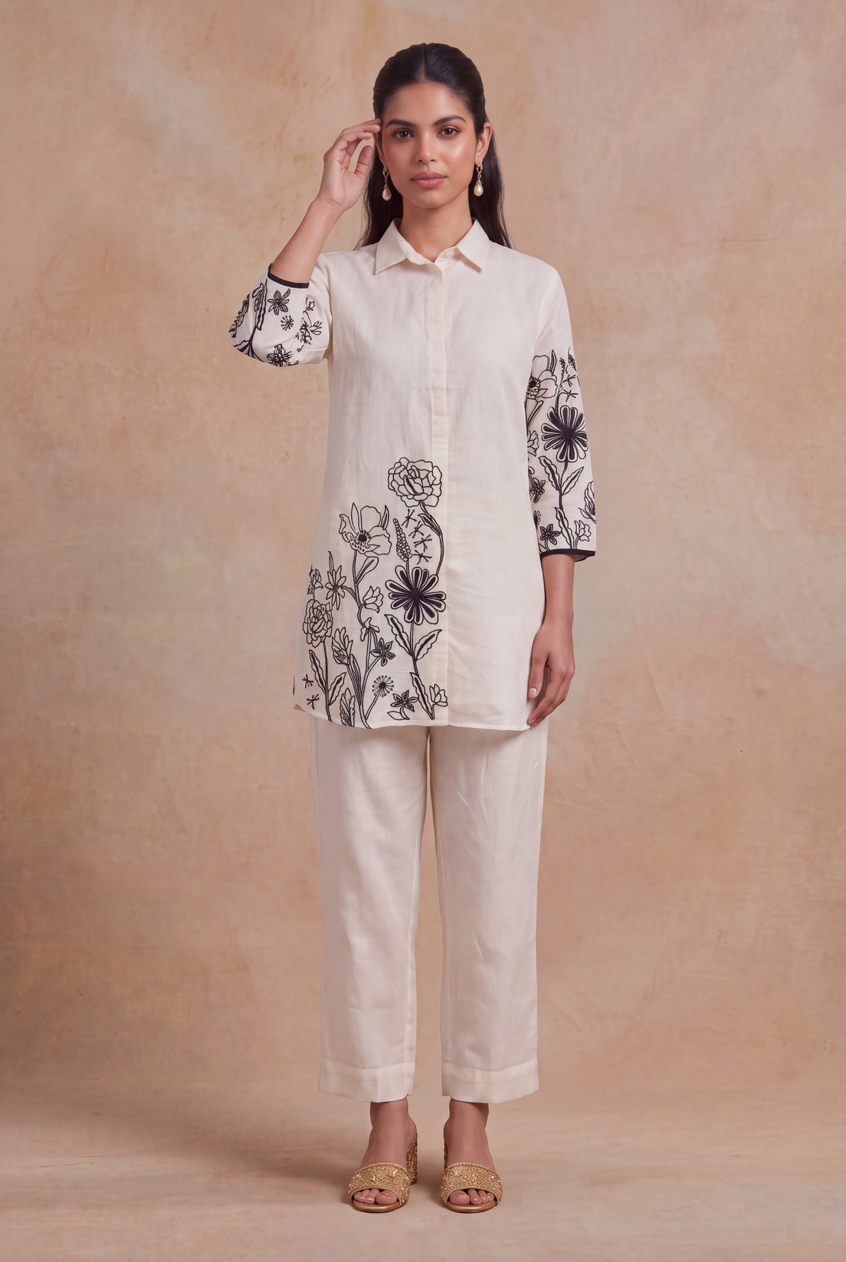 Ivory Chanderi Cotton Floral Embroidered Co-ord Set