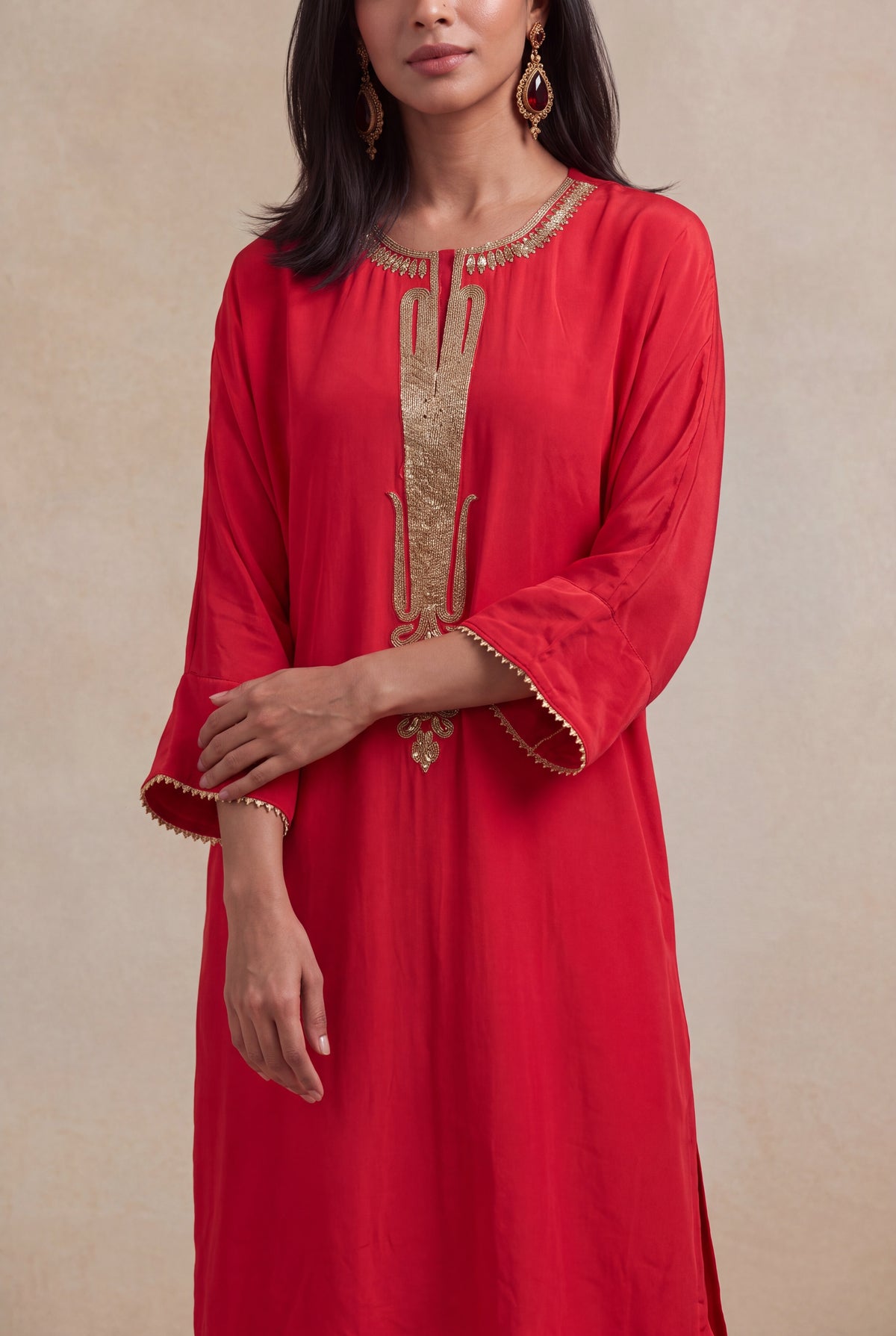 Red Satin Silk Kurti Set with Katdana Work