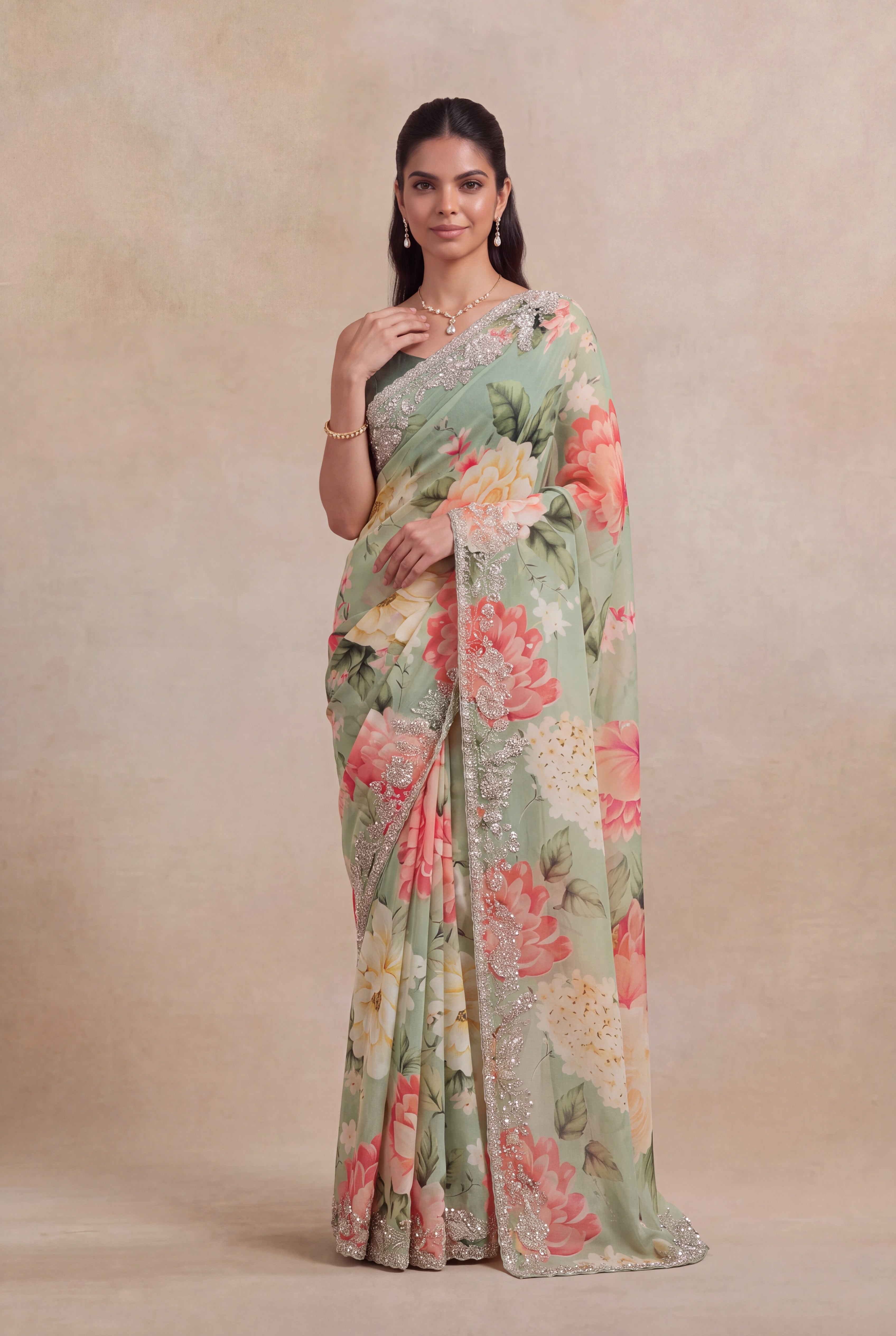 Pista Green Georgette Floral Print Saree