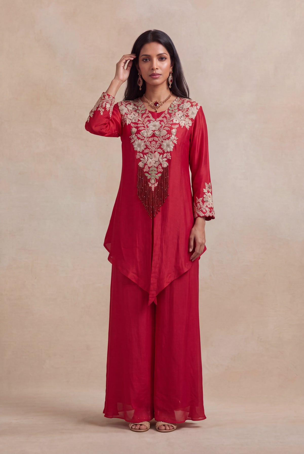 Red Raw Silk Zardosi Indo-Western Palazzo Set