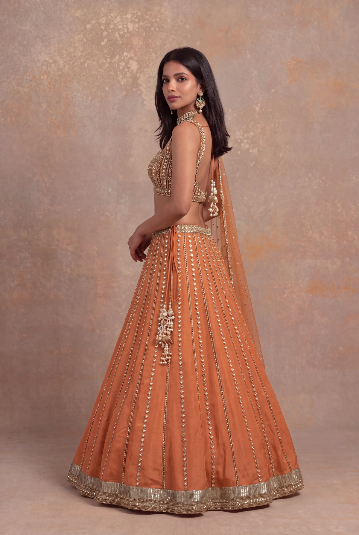Gold Orange Tissue Lehenga Set with Sequin and Stone Work