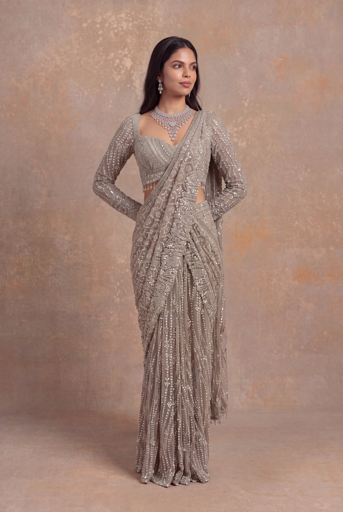 Beige Embellished Net Pre-Draped Saree
