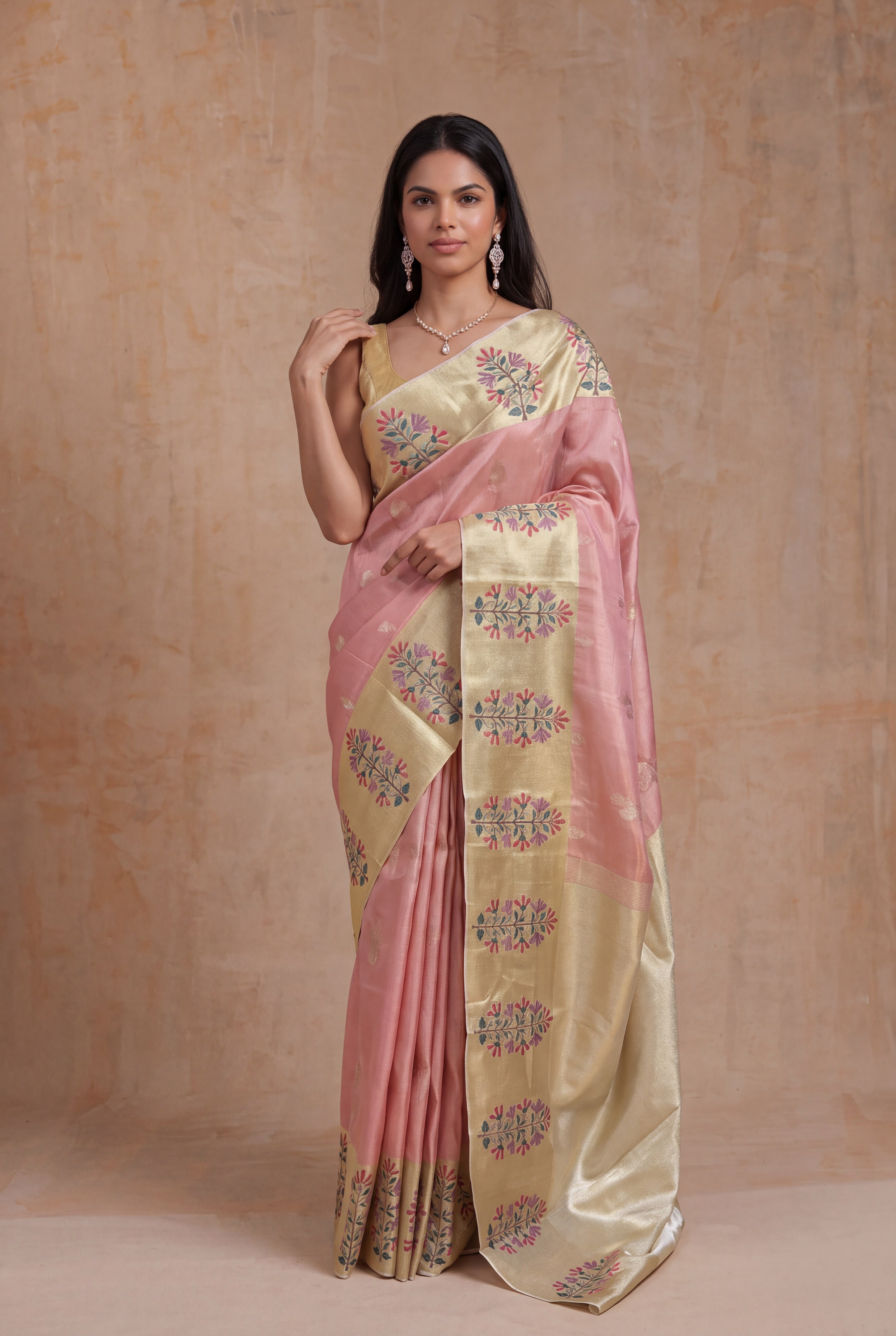 Rose Gold Tissue Kanchivaram Silk Saree with Thread Motifs