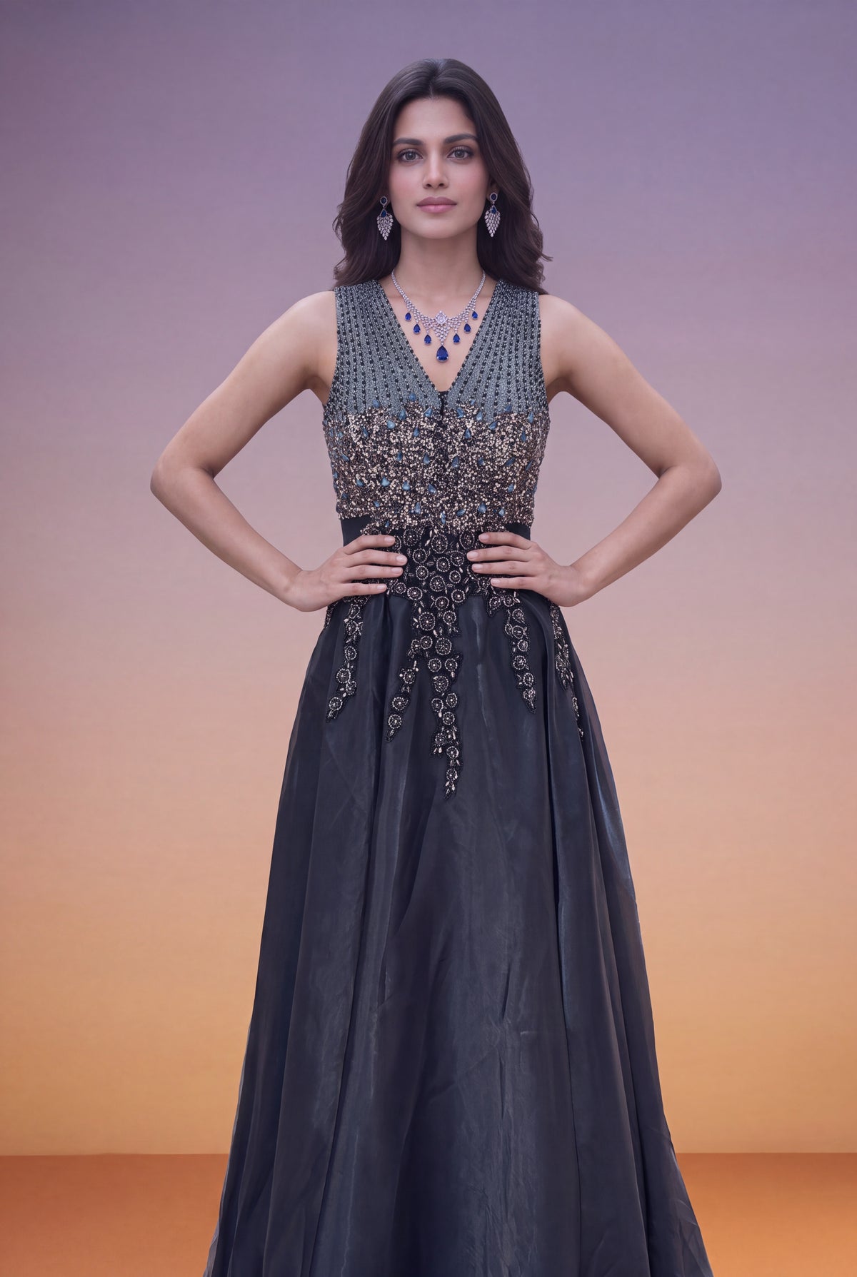 Slate Blue Organza Gown with Sequin & Cutdana Work