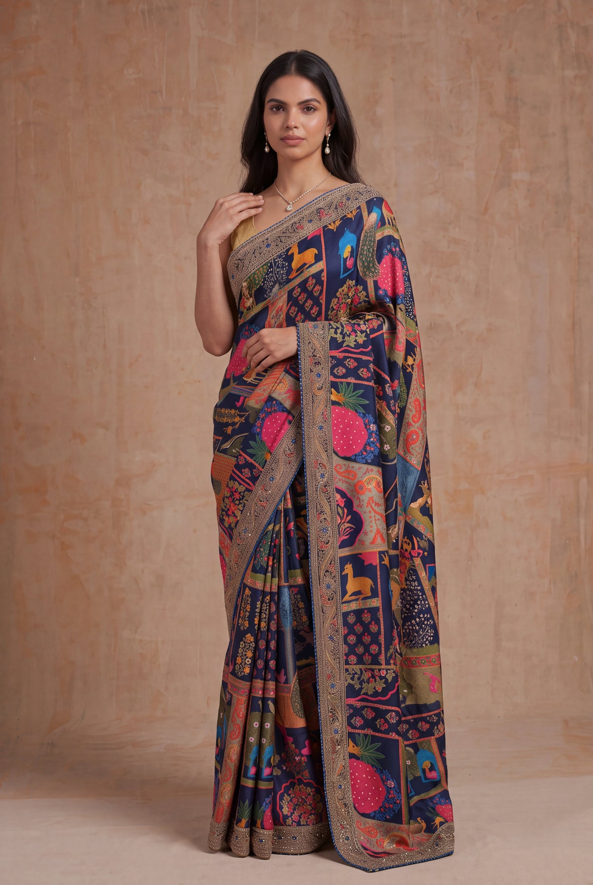 Navy Blue Digital Print Satin Saree