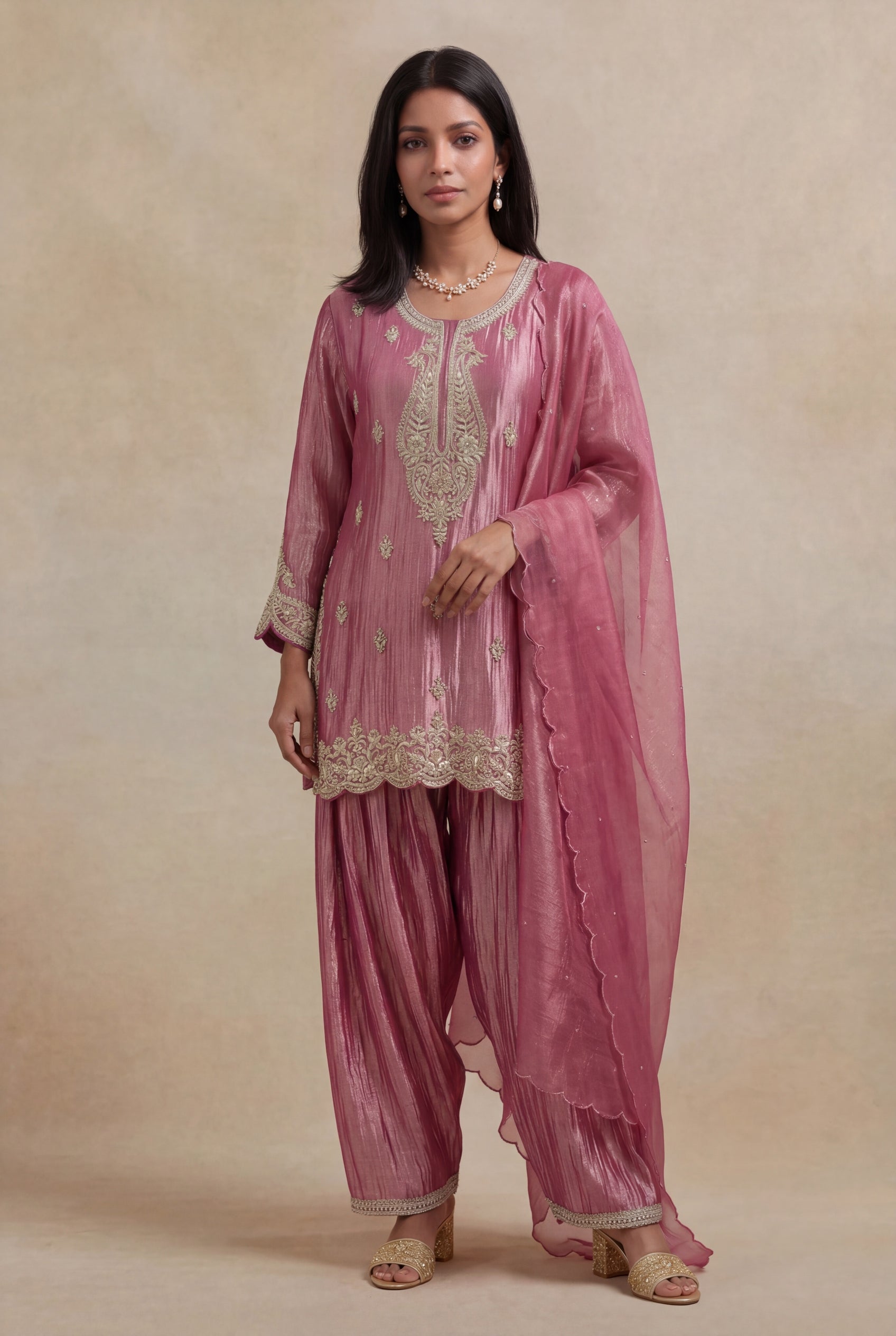 Rose Pink Tissue Salwar Set with Zardosi Work