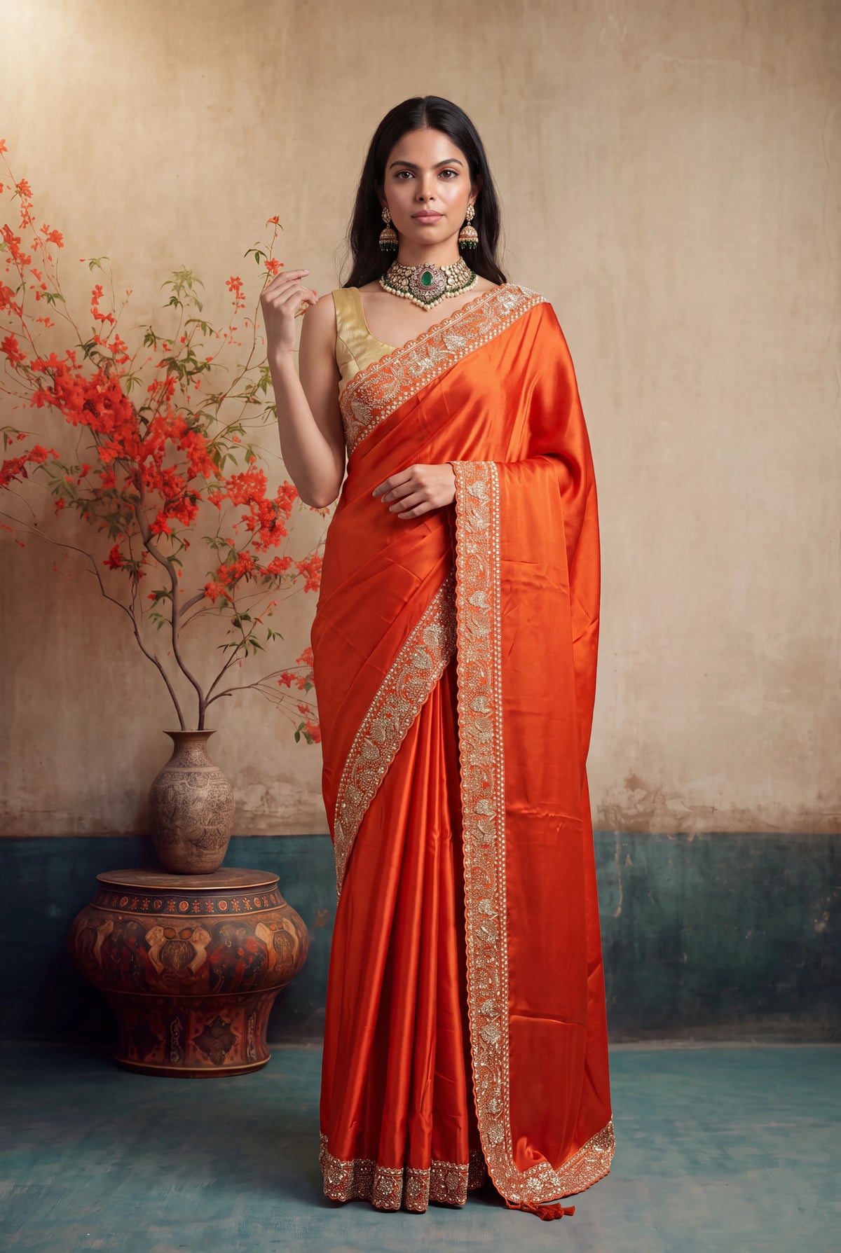 Orange Satin Silk Saree