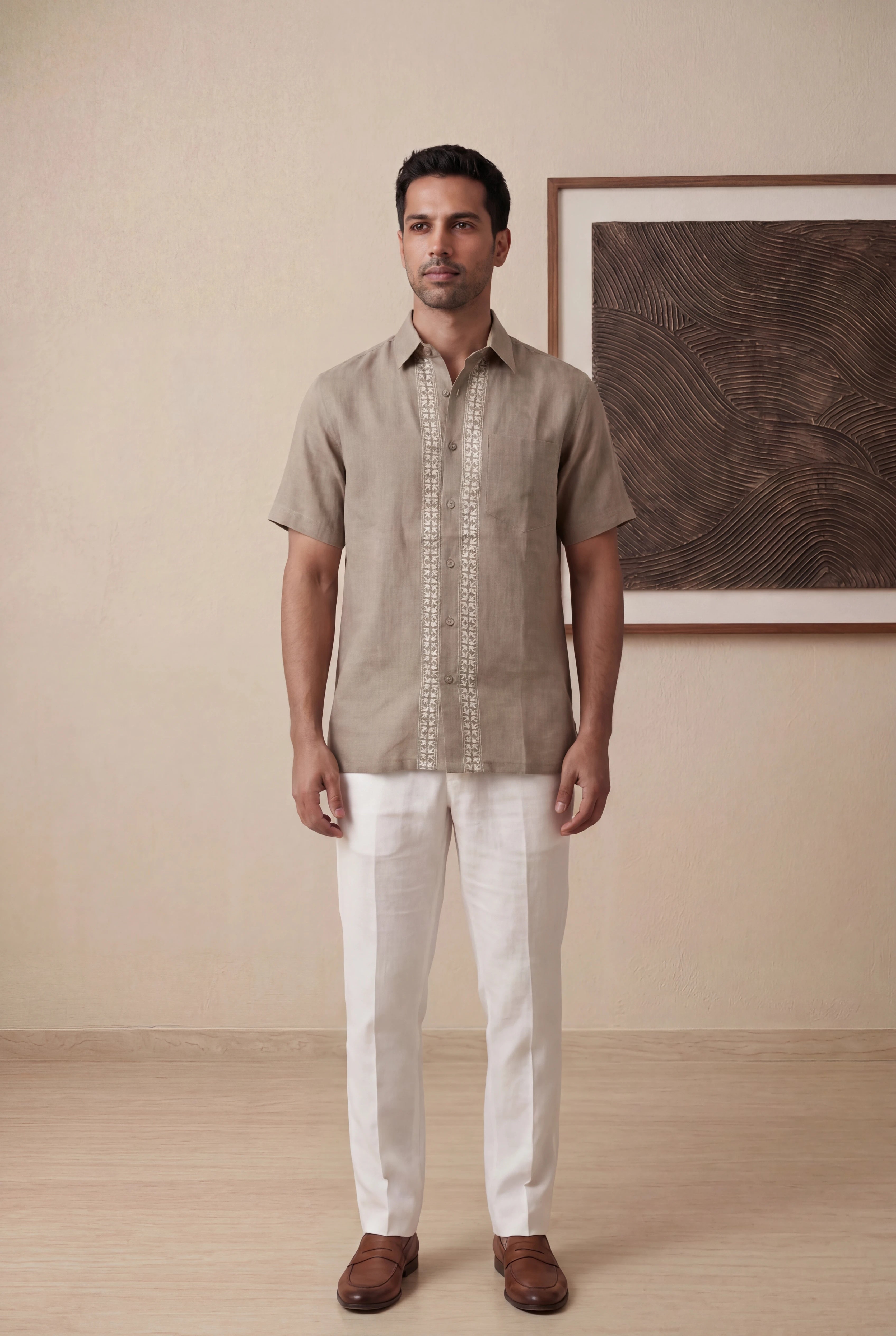 Dark Beige Linen Half Sleeve Shirt