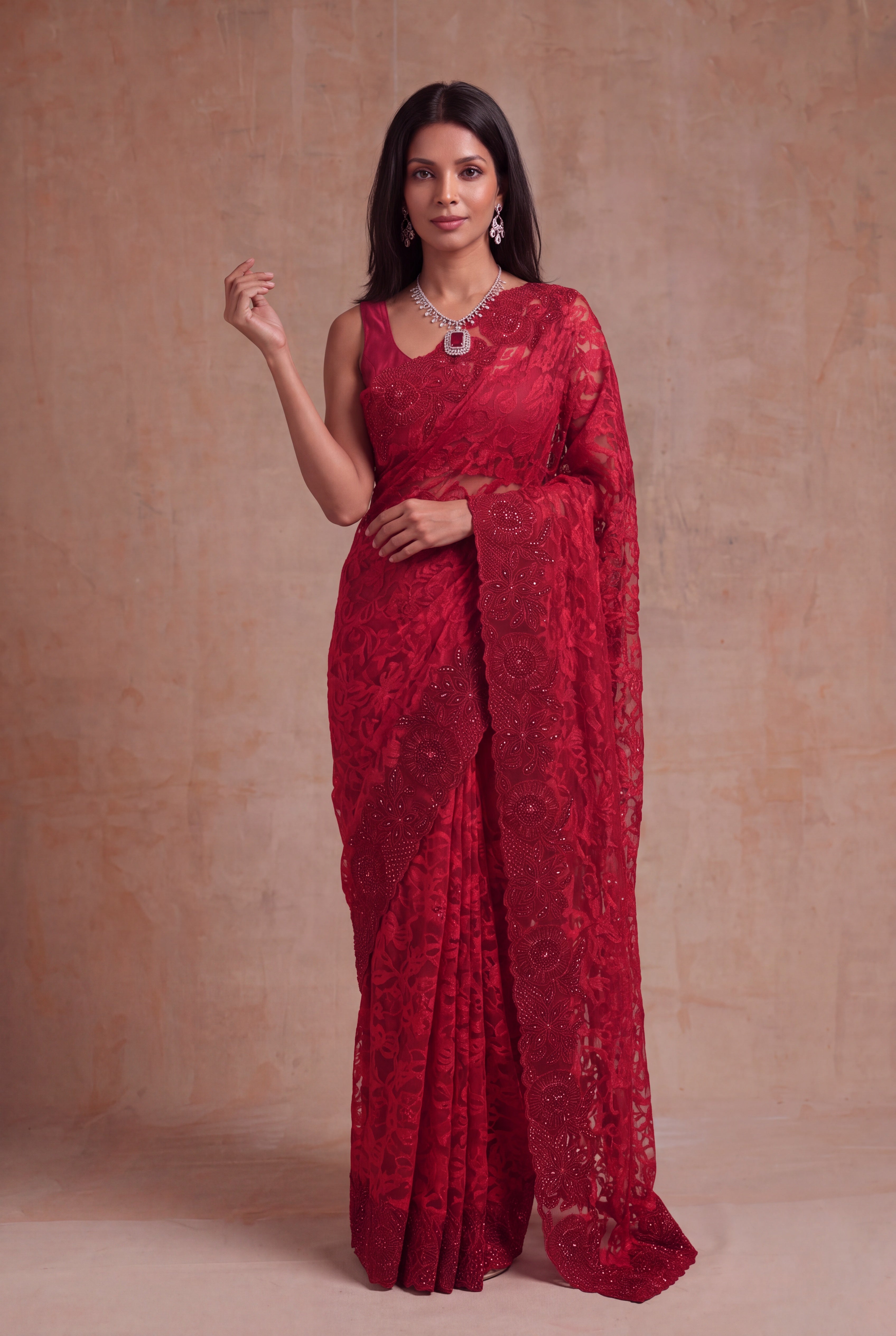 Red Net Saree with Sequin Jaal Work