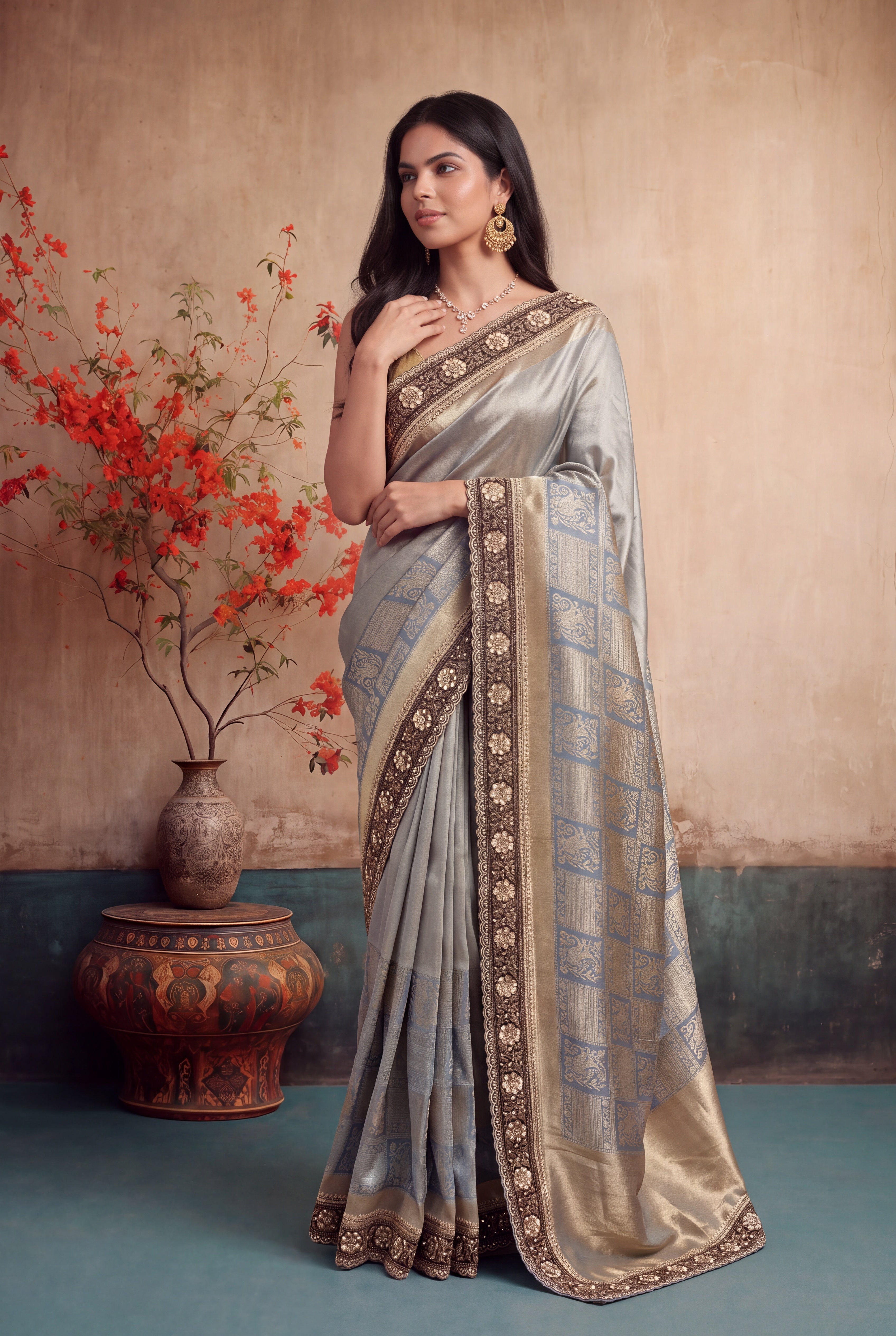 Ice Blue Zardozi Scallop Border Saree
