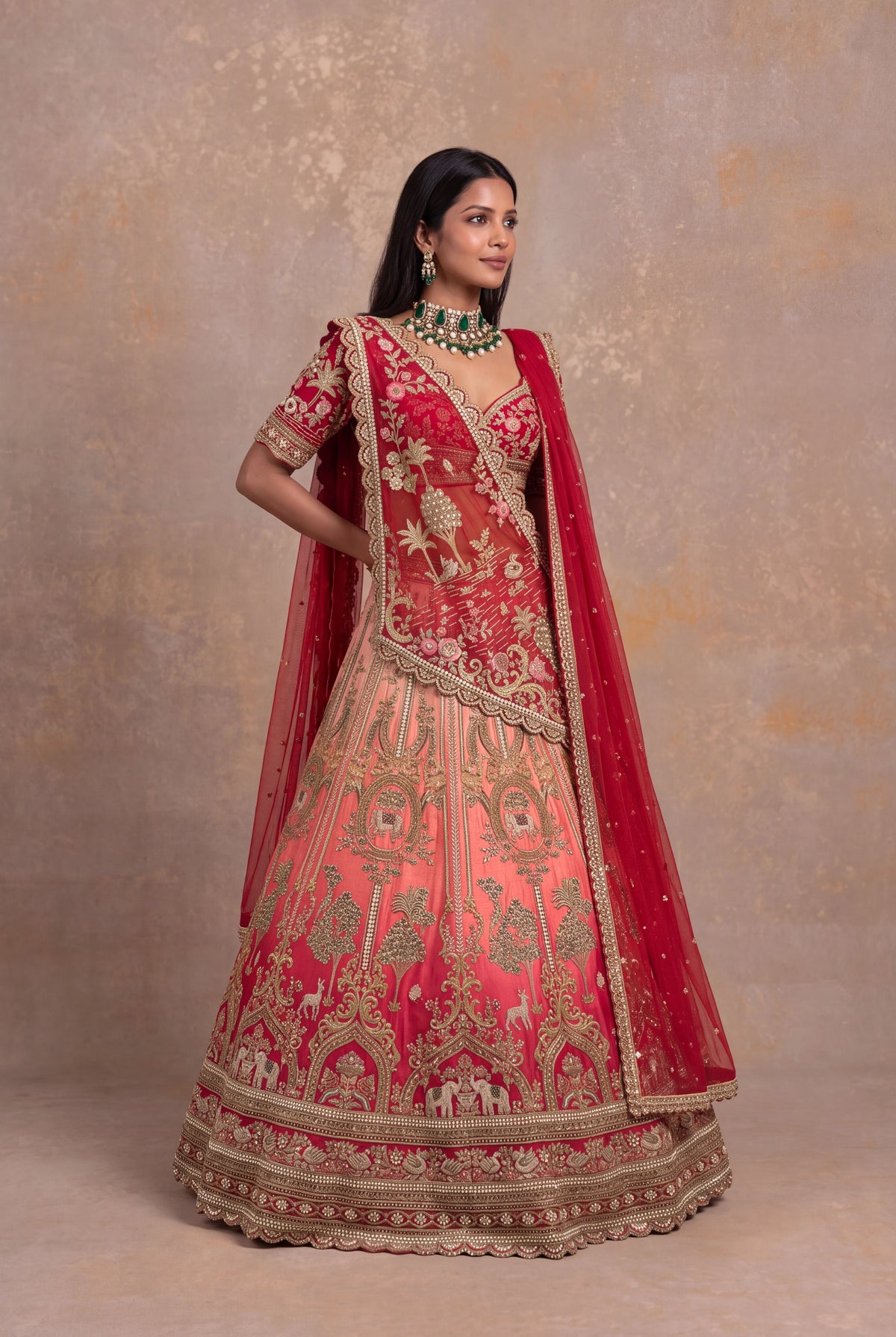 Red & Peach Silk Bridal Lehenga