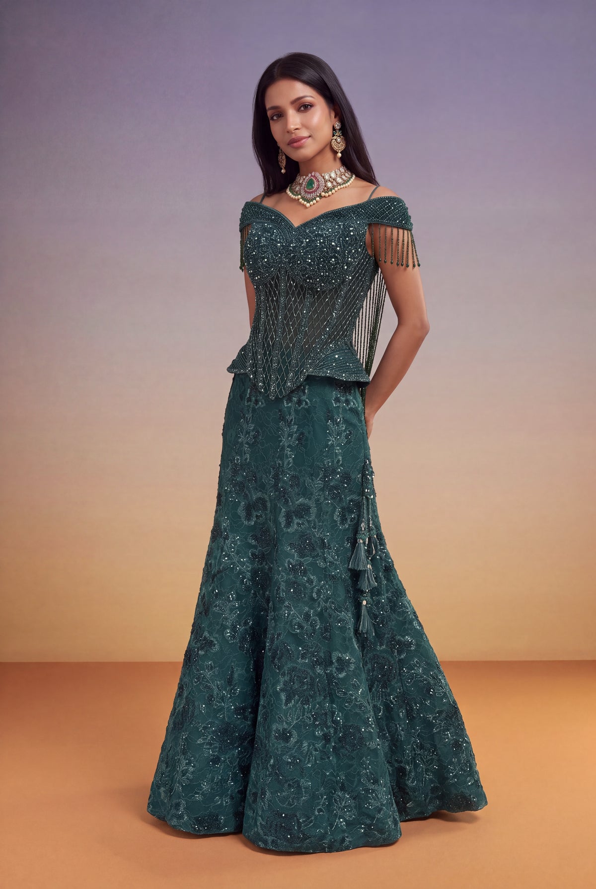 Emerald Green Indo-Western Corset Lehenga