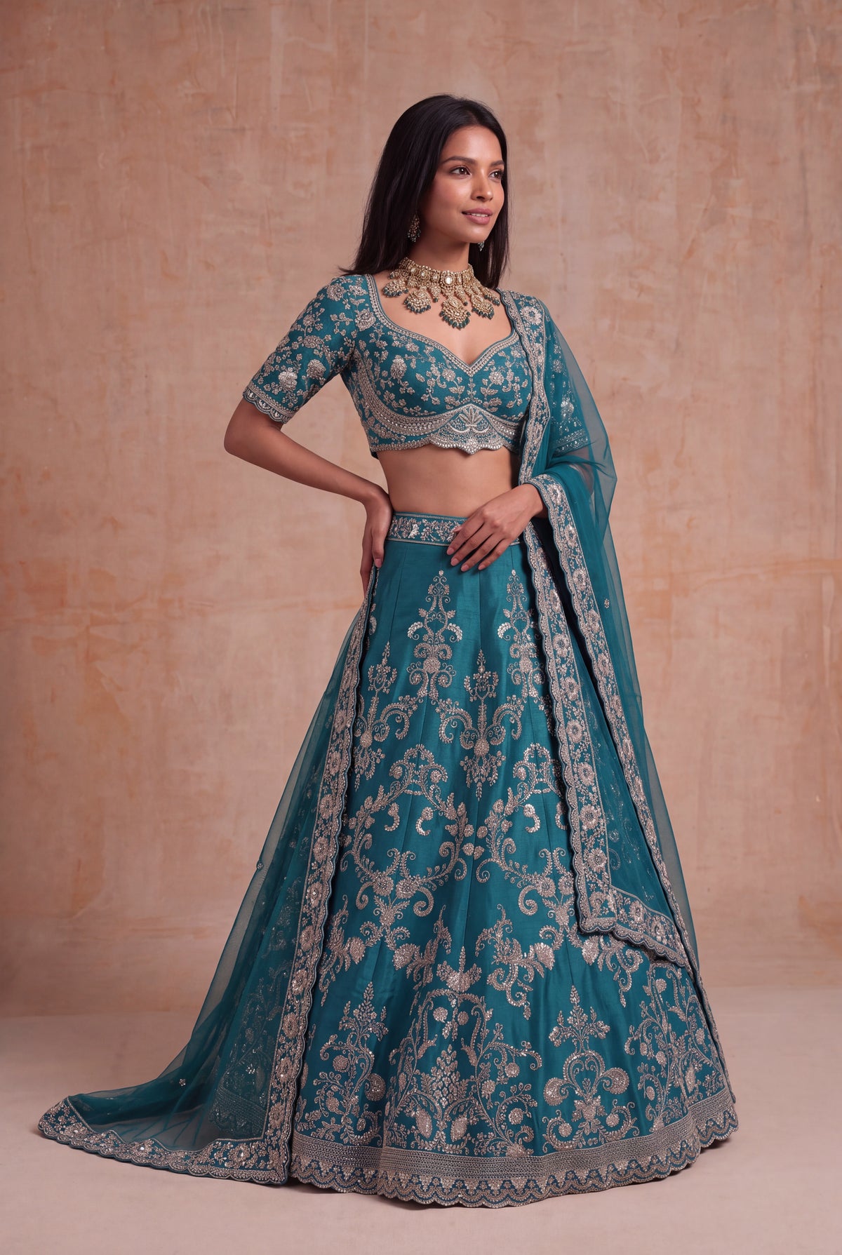 Teal Raw Silk Lehenga