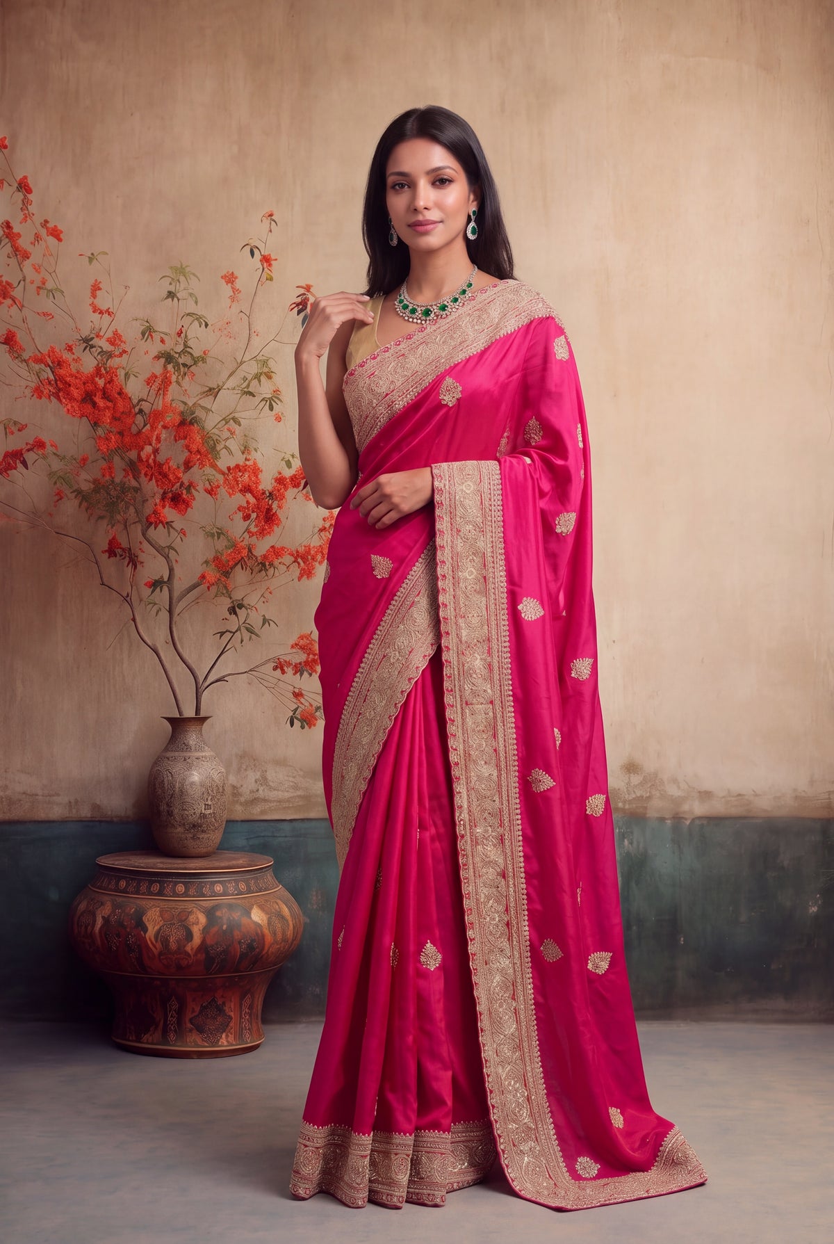 Rani Pink Satin Zardosi Saree