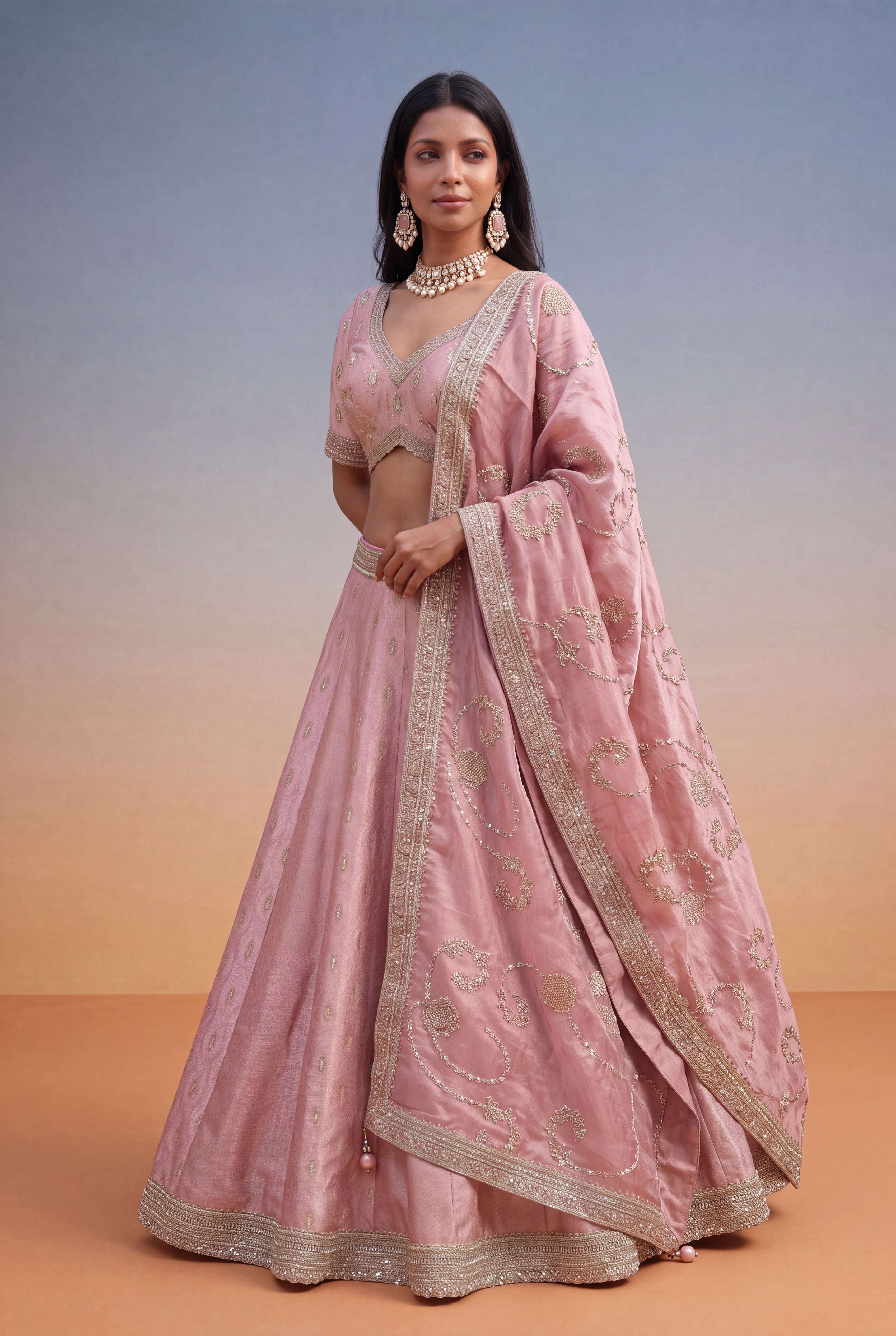 Dusty Pink Banarasi Silk Lehenga with Kutdana & Pearl Embroidery