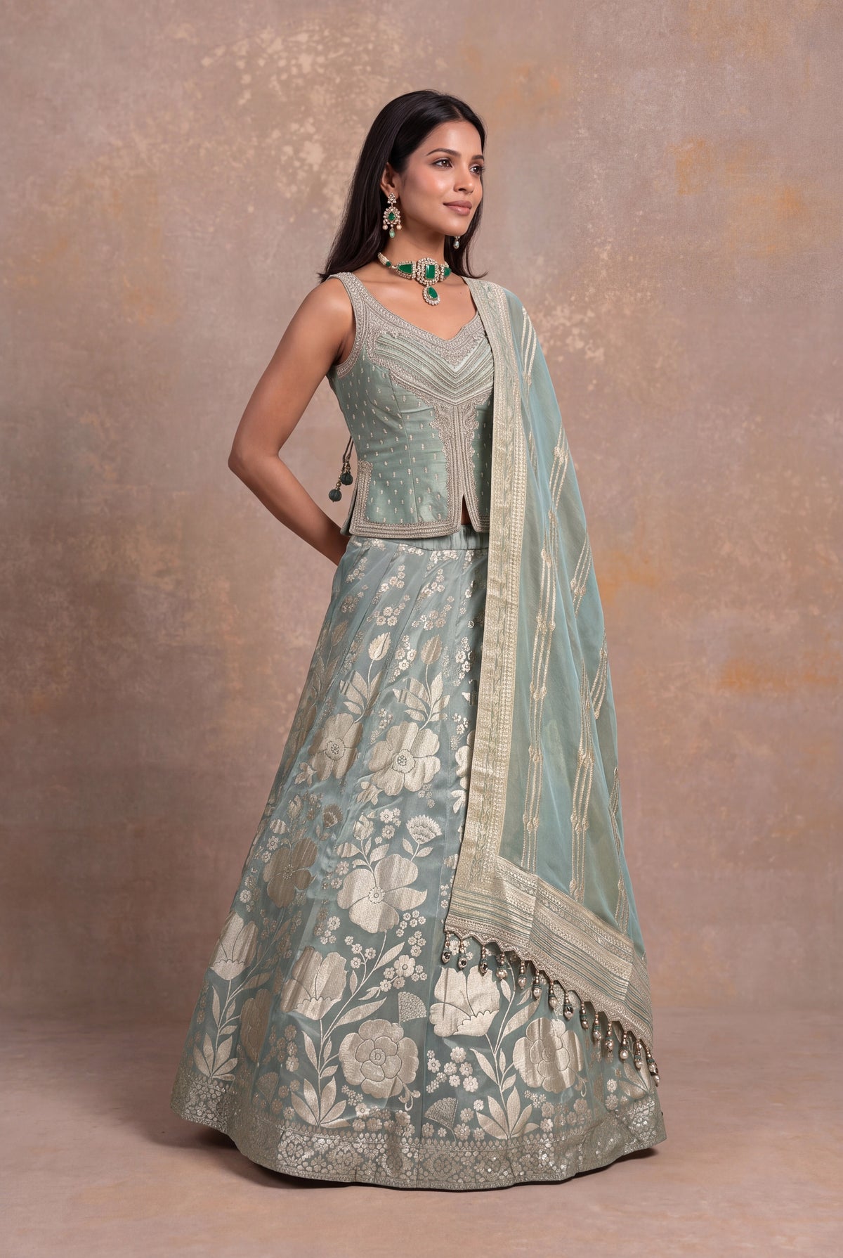 Sage Green Banarasi Tissue Silk Lehenga with Embellished Blouse