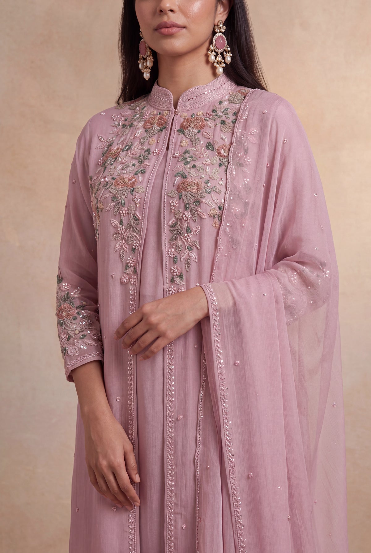Dusty Pink Crepe Indo-Western Sharara Set