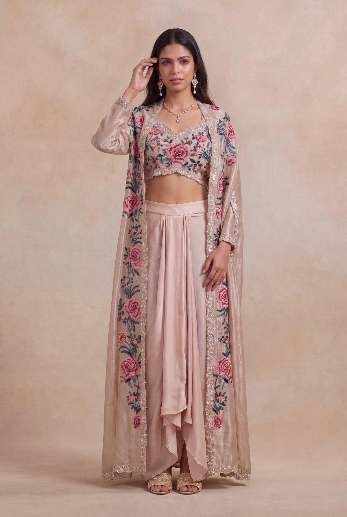 Blush Satin Floral Embroidered Indo-Western Cape Set