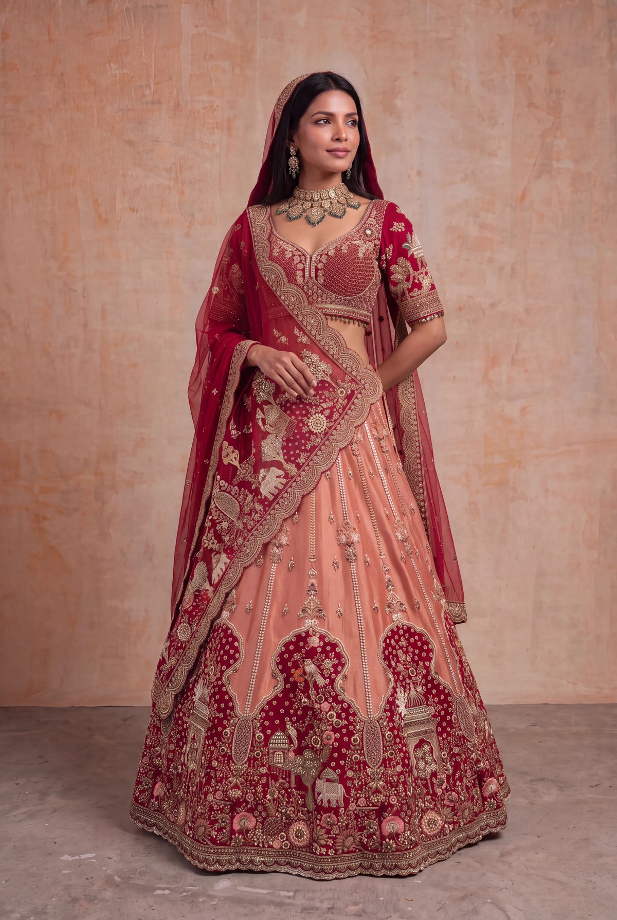 Peach & Deep Red Tissue Bridal Lehenga