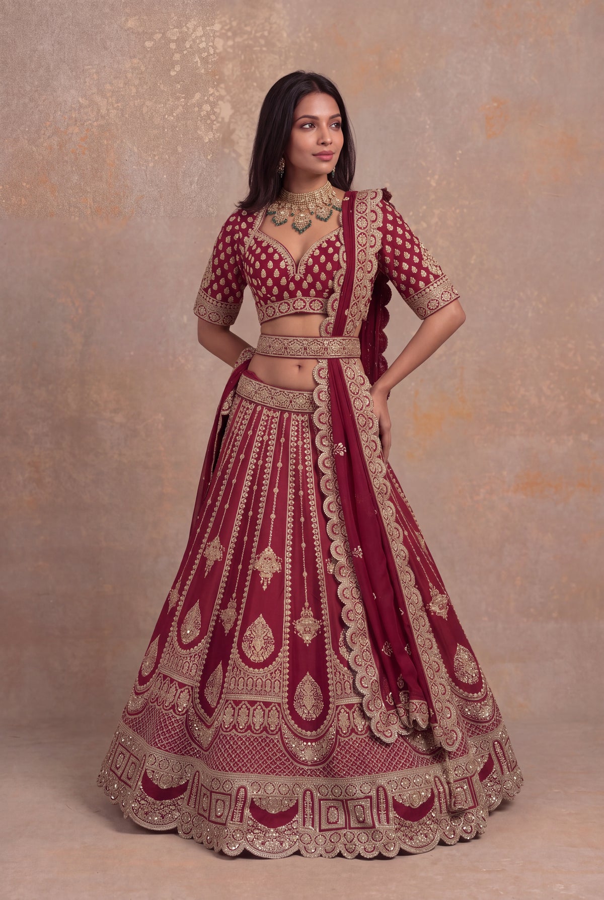 Maroon Raw Silk Lehenga Set with Zari and Pearl Embroidery