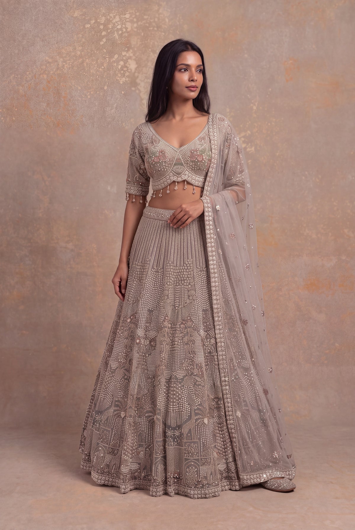 Taupe Net Lehenga