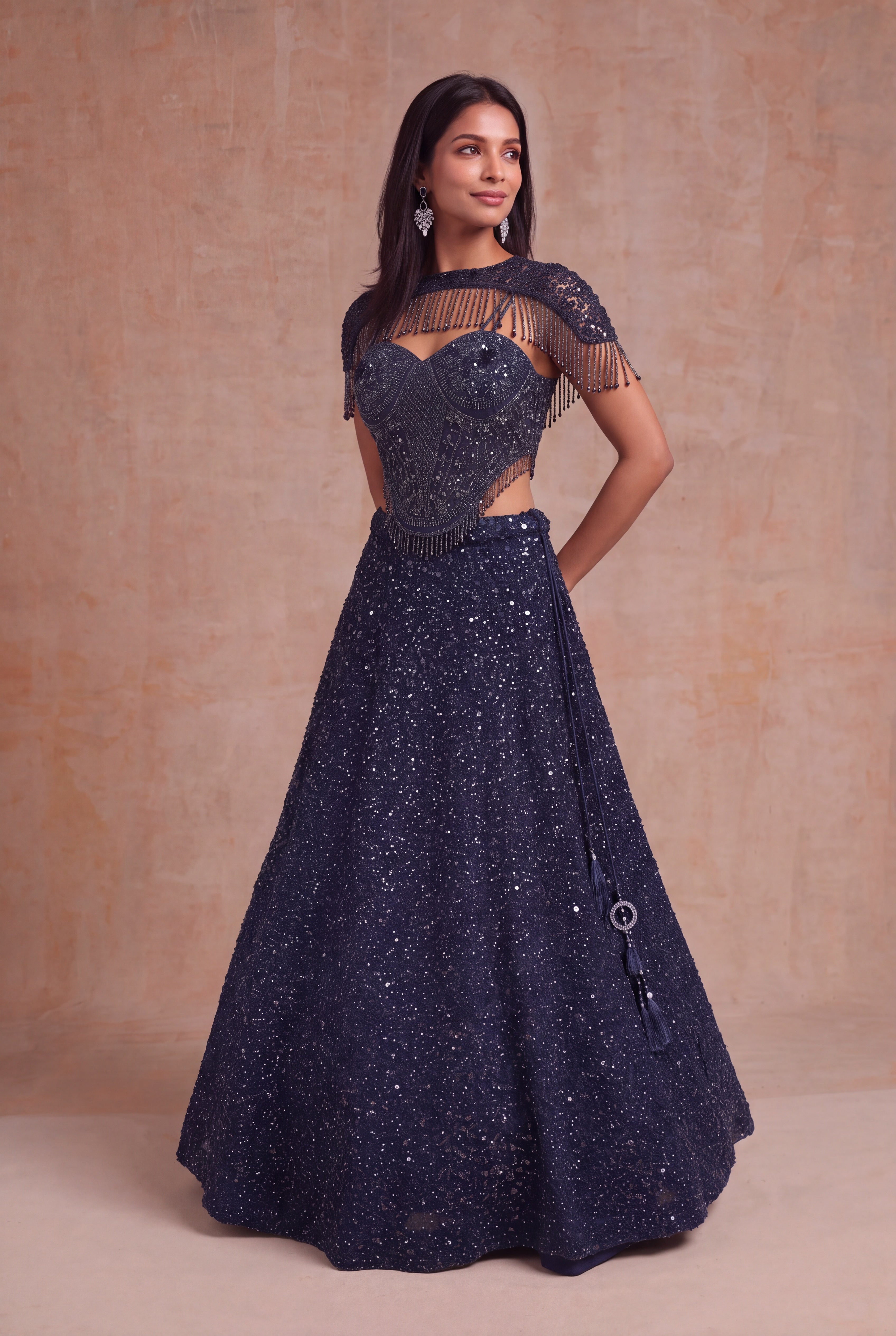 Navy Blue Indo-Western Net Lehenga