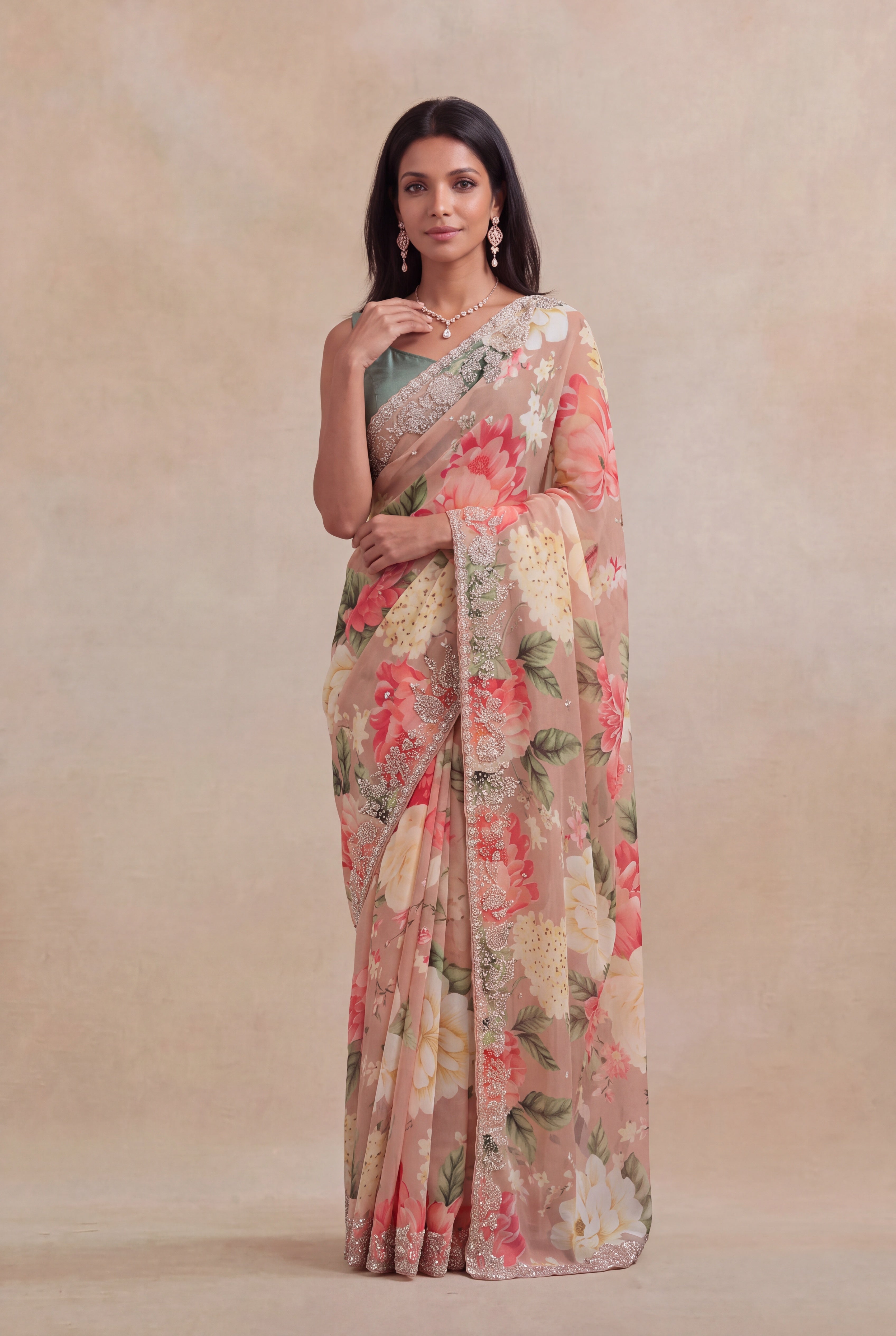 Peach Georgette Floral Print Saree