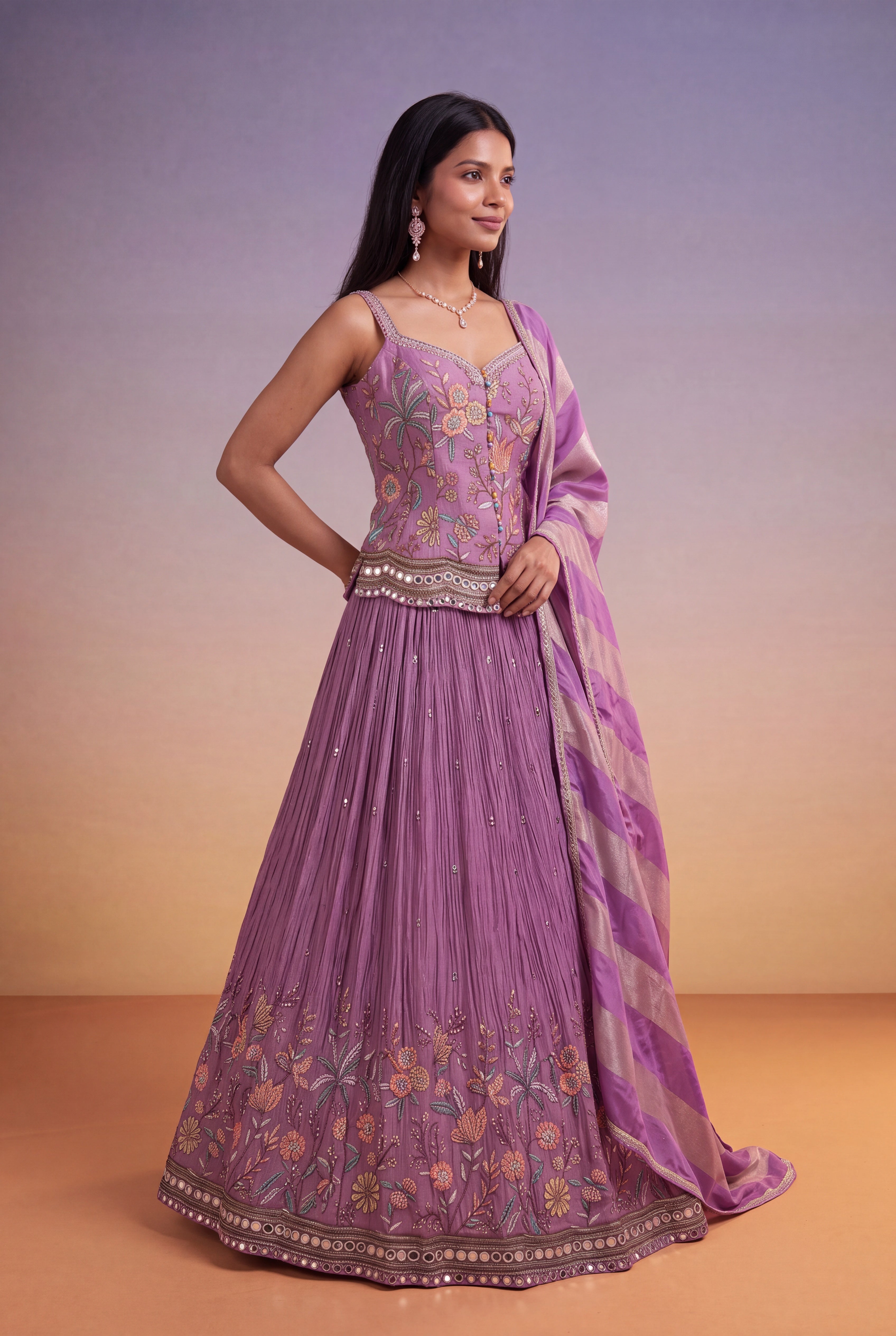 Mauve Crepe Lehenga with Floral Thread Embroidery & Mirror Work