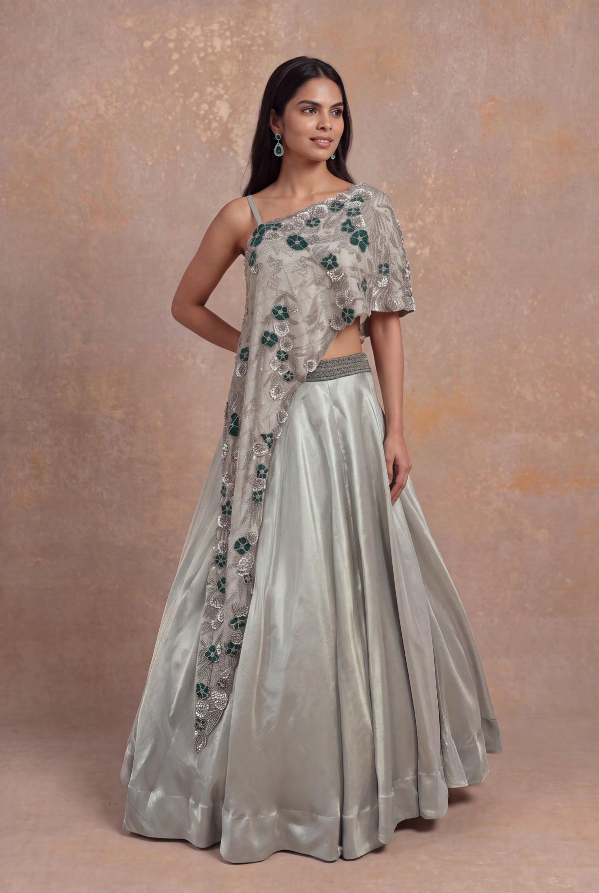 Silver Grey Lehenga with Sequin and Cutdana Floral Embroidery