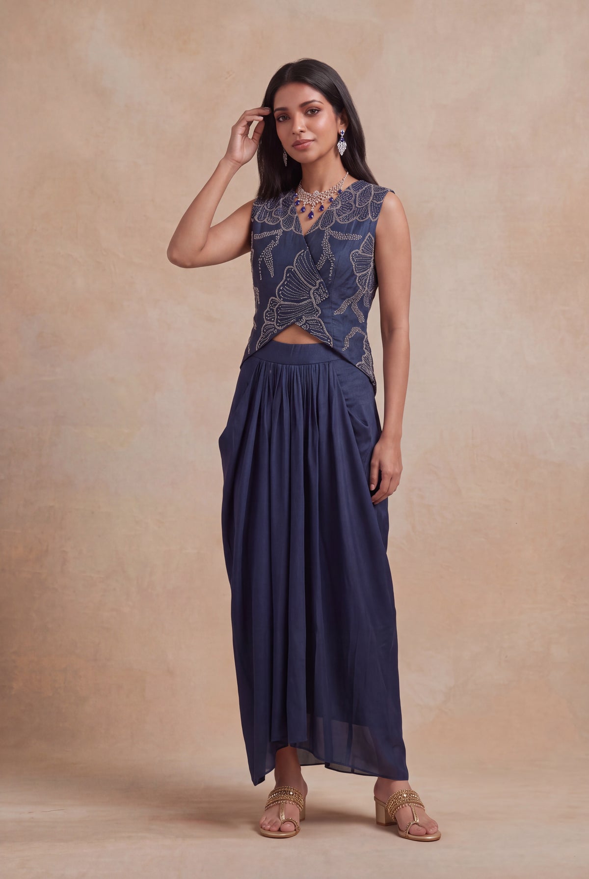 Navy Blue Indo-Western Crop Top & Drape Skirt