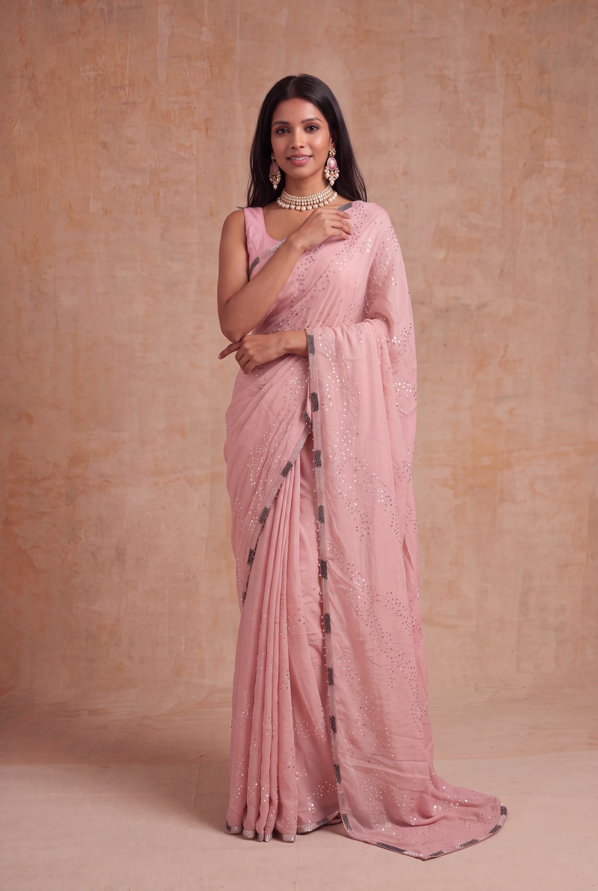 Pink Crush Crepe Saree with Sequin Work